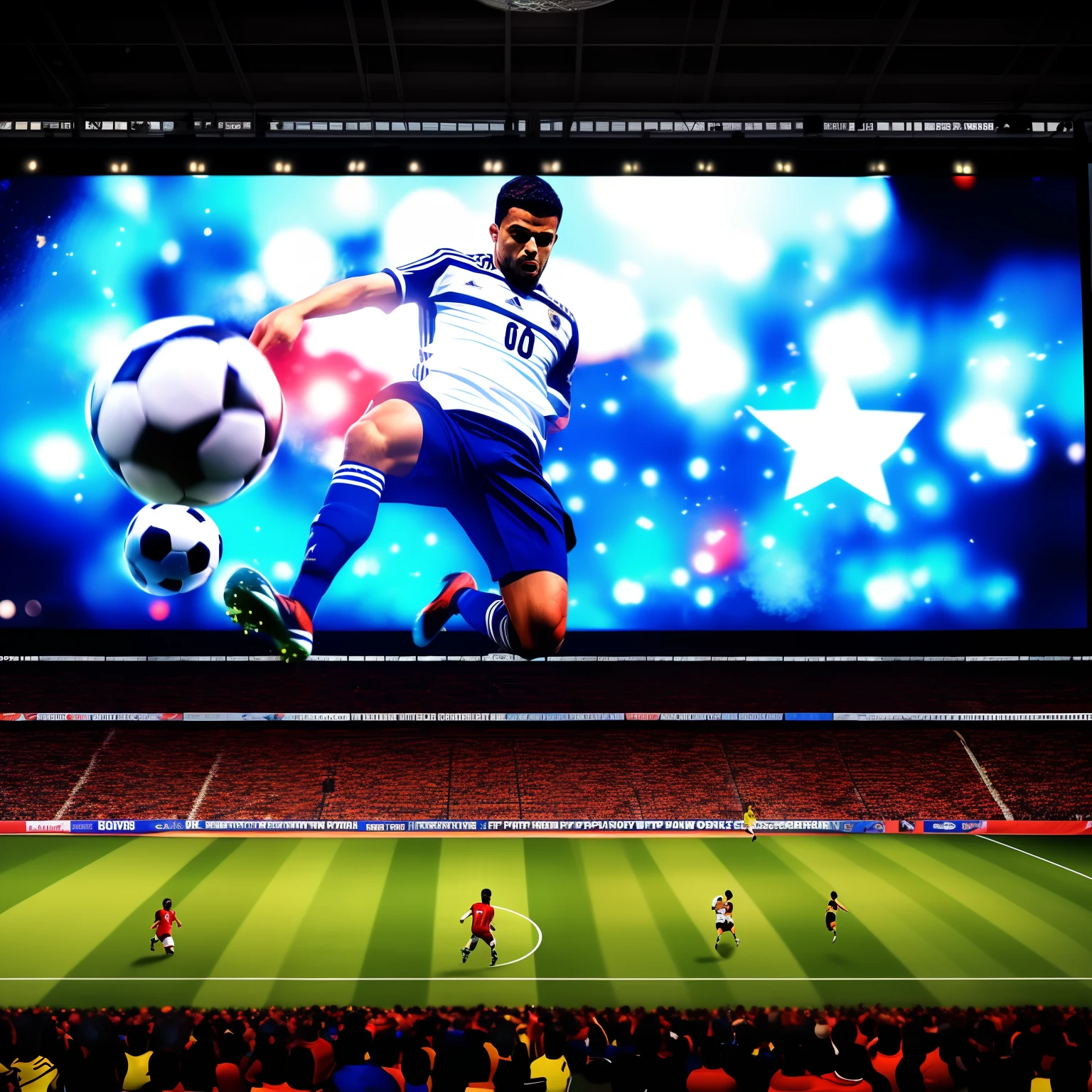 [huge screen, showing soccer players inside screen, player kicking the ball : 1 soccer ball, shooting from the huge screen, motion blur, in room : 10]