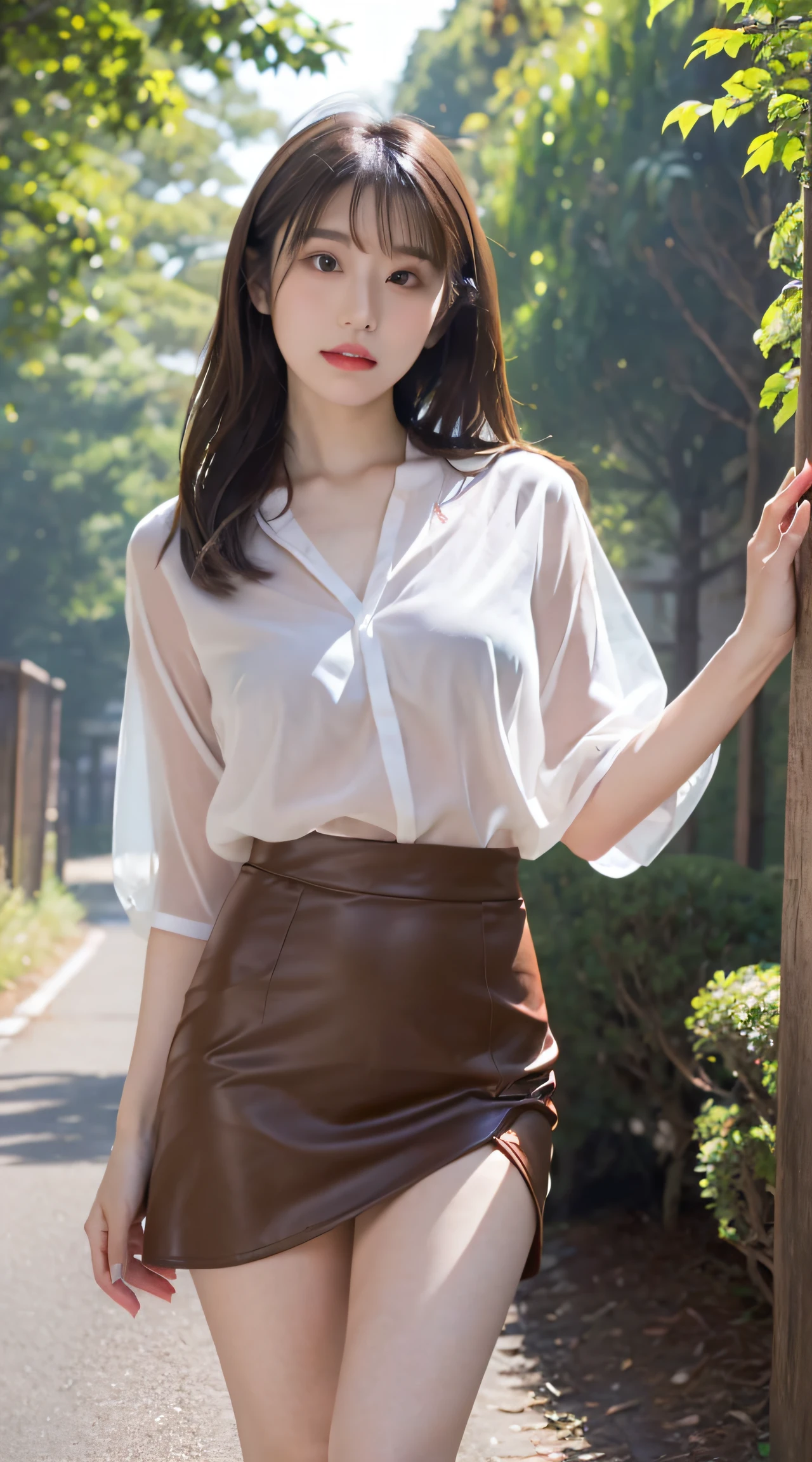 (Best Quality, masutepiece, Ultra HD: 1.3), 1girl in, (middlebreasts), light brown hair, Asymmetrical hair, straight haired, Long hair,( slender body shape, Constricted waist),(Ultra Fine Face), Delicate lips, (Beautiful eyes), thin blush, eyes are brown, perfect glossy skin,View here, ( hide one's hands), See-through white blouse, White see-through tight skirt.(Slender legs),(White pumps), (a japanese girl,hposing Gravure Idol),Broad-leaved forest