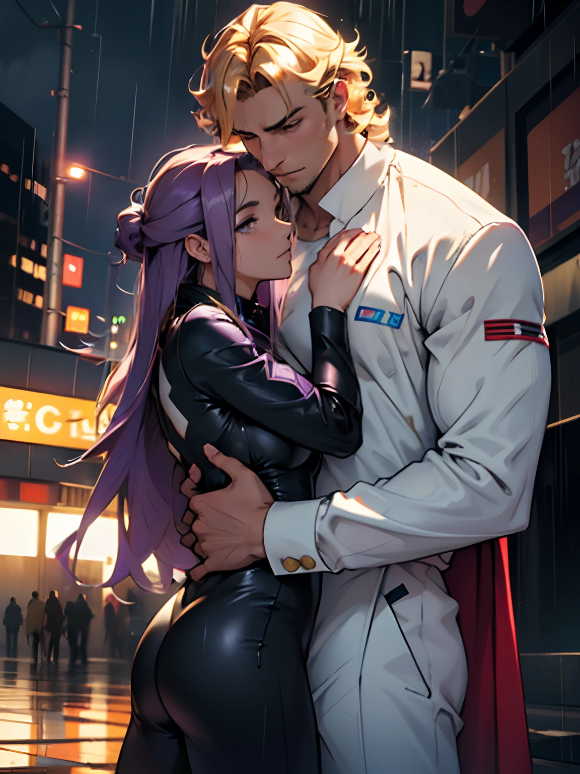 (Masterpiece, Best Quality, high resolution, 32k drive wallpaper, Extremely detailed CG:1), (weak illustration on stage:1.0), ((1 young handsome cyberpunk:1.5 dancing in the rain:1.7 )),(( cyberpunk night city:1.4)), neon signs futuristic cars,dark place rain, ((wet clothes magenta neon lights perfectly illuminating the young man:1.45) . 32k