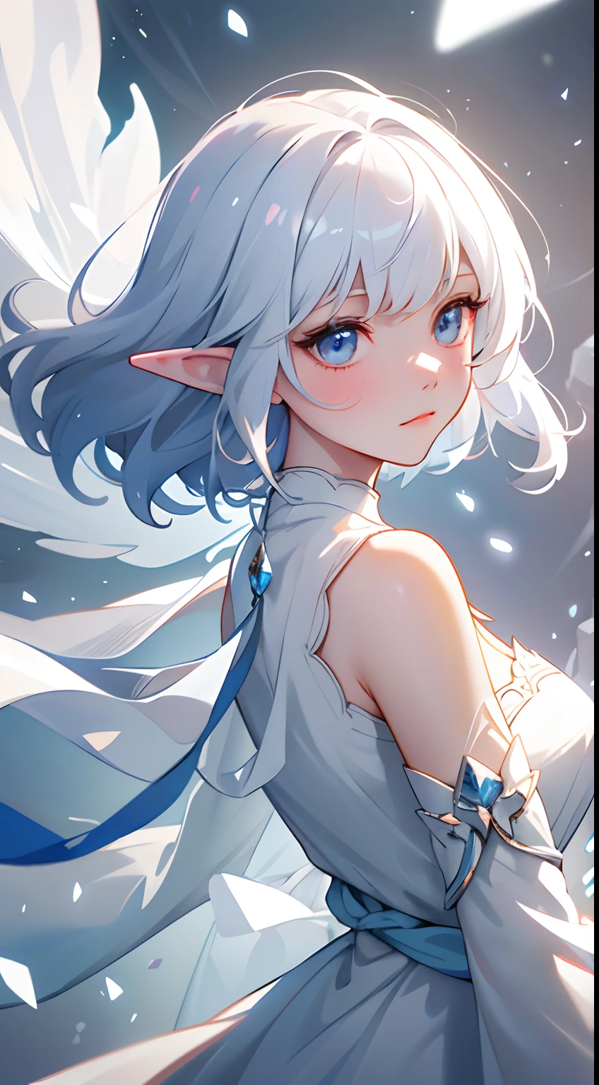 (Masterpiece, Top Quality, Best, Official Art, Beautiful and Aesthetic, Long Exposure: 1.2), Smooth Movement, Charming Patterns, 1 Girl, (Long Dress with Sleeves: 1.3), (((White Clothes) )), upper body close-up, bare shoulders, Chinese girl, blush, black lob hair, portrait, solo, upper body, looking at the observer, detailed background, detailed face, (crystallineAI, crystalline theme:1.1), elemental wind elves, rotation Wind, control the wind, white crystal clothing, dynamic pose, floating particles, ethereal dynamics, whirlwind, vapor, whirlwind in the background, white tone, whirlwind, ethereal atmosphere,