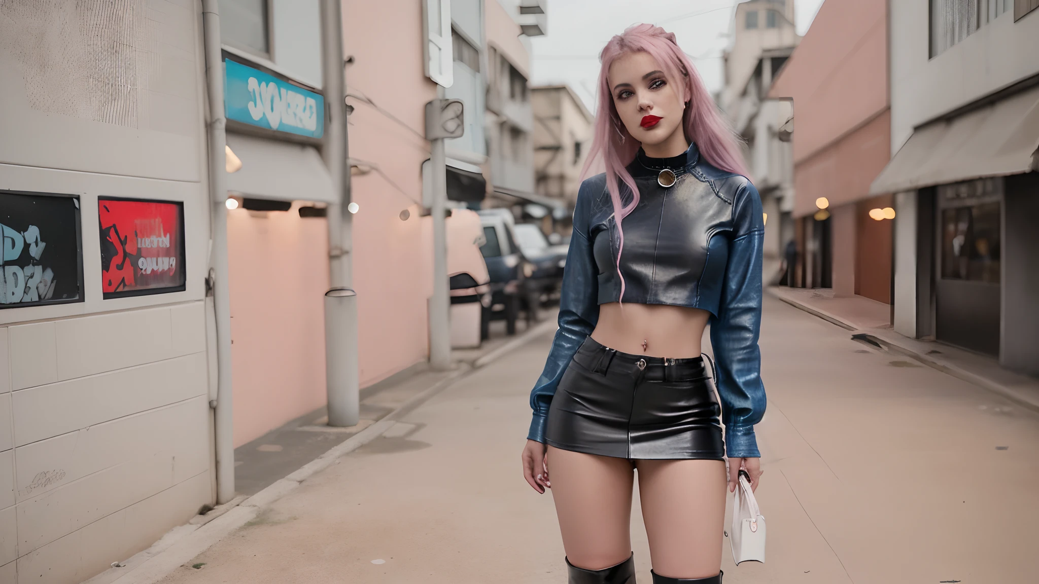 Garota loira de 19 anos, nua, nsfw, muito bonita, athletic, cabelos loiros, olhos azuis, red-lips, franja, usando short denim skirt, saia muito curta, pernas grossas, pernas bonitas, cintura estreita, botas de coxa de couro preto, saia denim curta, denim mini-skirt, mini-saia, saia curta azul, cinto de couro preto, seios pequenos, mamilos rosados, porcelain skin, The girl is wearing a black leather choker, the girl is wearing black leather boots, botas de coxa de couro preto, The girl is standing on a street in a cyberpunk city, cidade cyberpunk futurista, estilo blade runner, cena noturna, luzes da cidade,