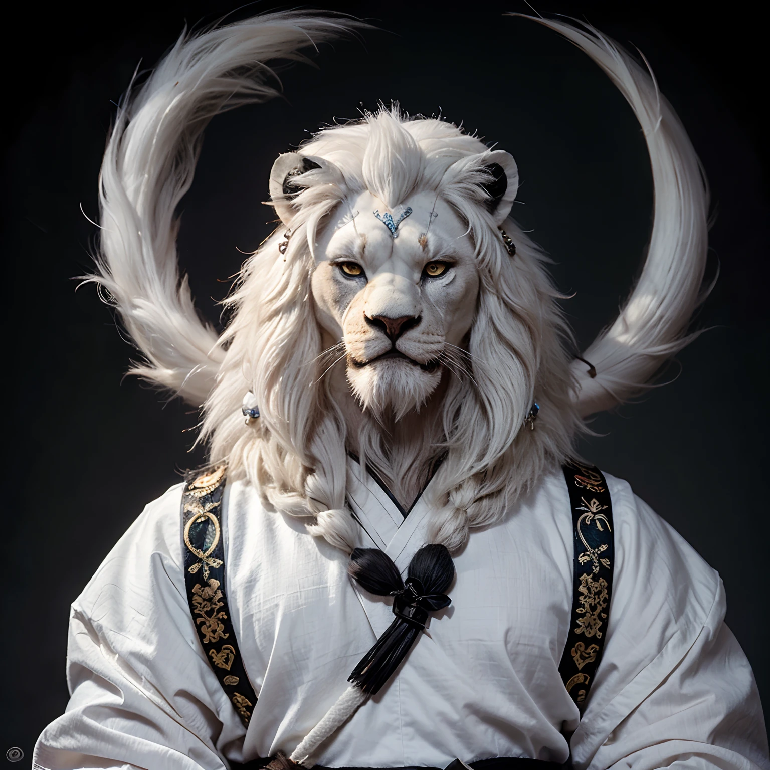Lion shape,Cartoon anthropomorphism,White hair,Mighty and majestic,Majesty,Kingly style,The face is delicate,The hair is delicate,with black background,Hanfu,Shogun。