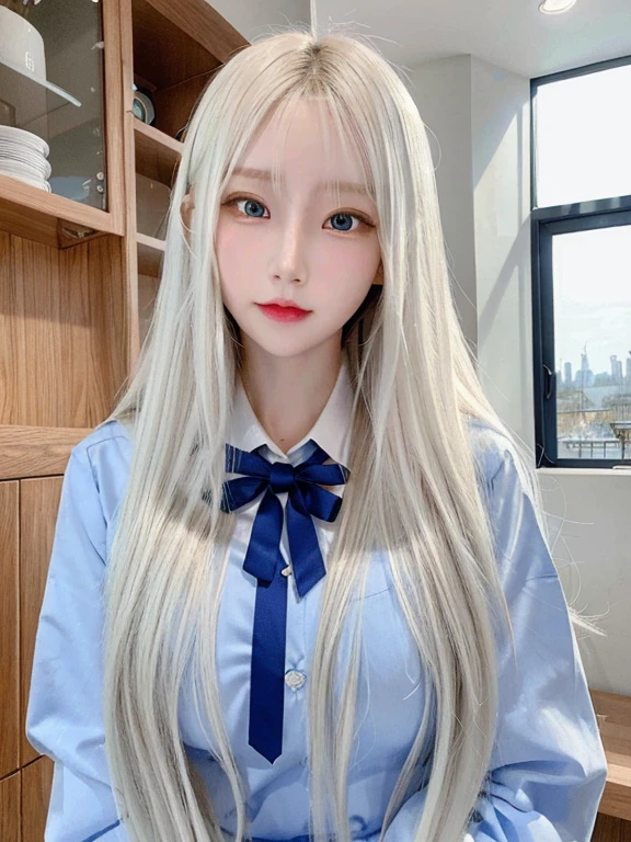 bright expression、photorealisim、top-quality、超A high resolution、a picture、Photos of the most beautiful Nordic girls、Detailed cute and beautiful face、a small face、(pureerosface_v1:0.008)、Beautiful bangs、alice in the wonderland、18year old、Glowing white shiny skin、Hair tangled in the face、Bangs that extend to the face、bangss、Hair between the eyes、Super long hair、Attractive bright natural platinum blonde super long straight silky hair、finer hair、Attractive glowing beautiful bright clear light blue big eyes、School Uniforms、student clothes、eye liner、Double eyelids、ample breasts