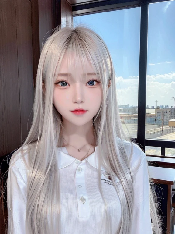 bright expression、photorealisim、top-quality、超A high resolution、a picture、Photos of the most beautiful Nordic girls、Detailed cute and beautiful face、a small face、(pureerosface_v1:0.008)、Beautiful bangs、alice in the wonderland、18year old、Glowing white shiny skin、Hair tangled in the face、Bangs that extend to the face、bangss、Hair between the eyes、Super long hair、Attractive bright natural platinum blonde super long straight silky hair、finer hair、Attractive glowing beautiful bright clear light blue big eyes、School Uniforms、student clothes、eye liner、Double eyelids、ample breasts