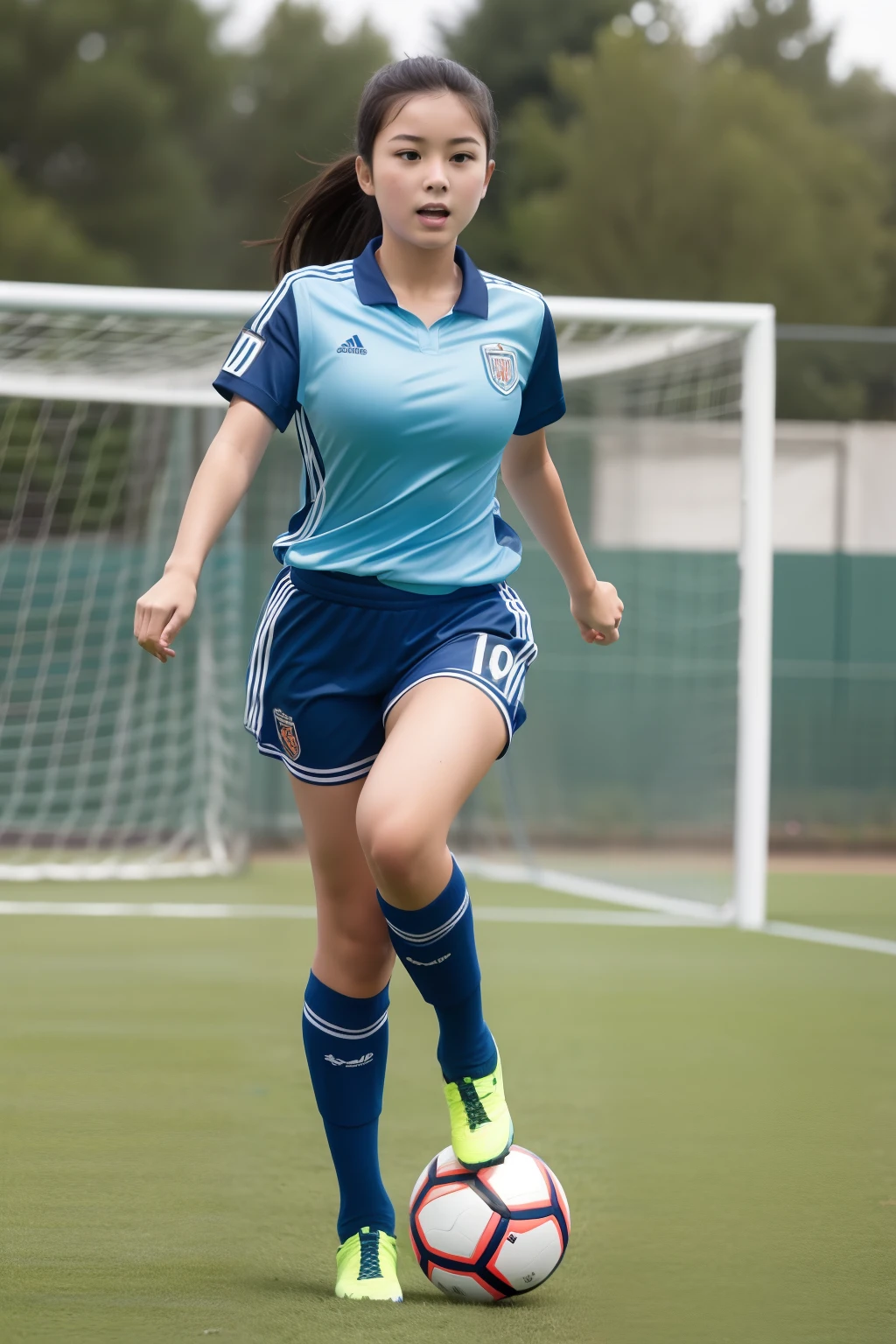 Girl in uniform playing ⚽, trapping a ⚽ball with her large breasts. jumping