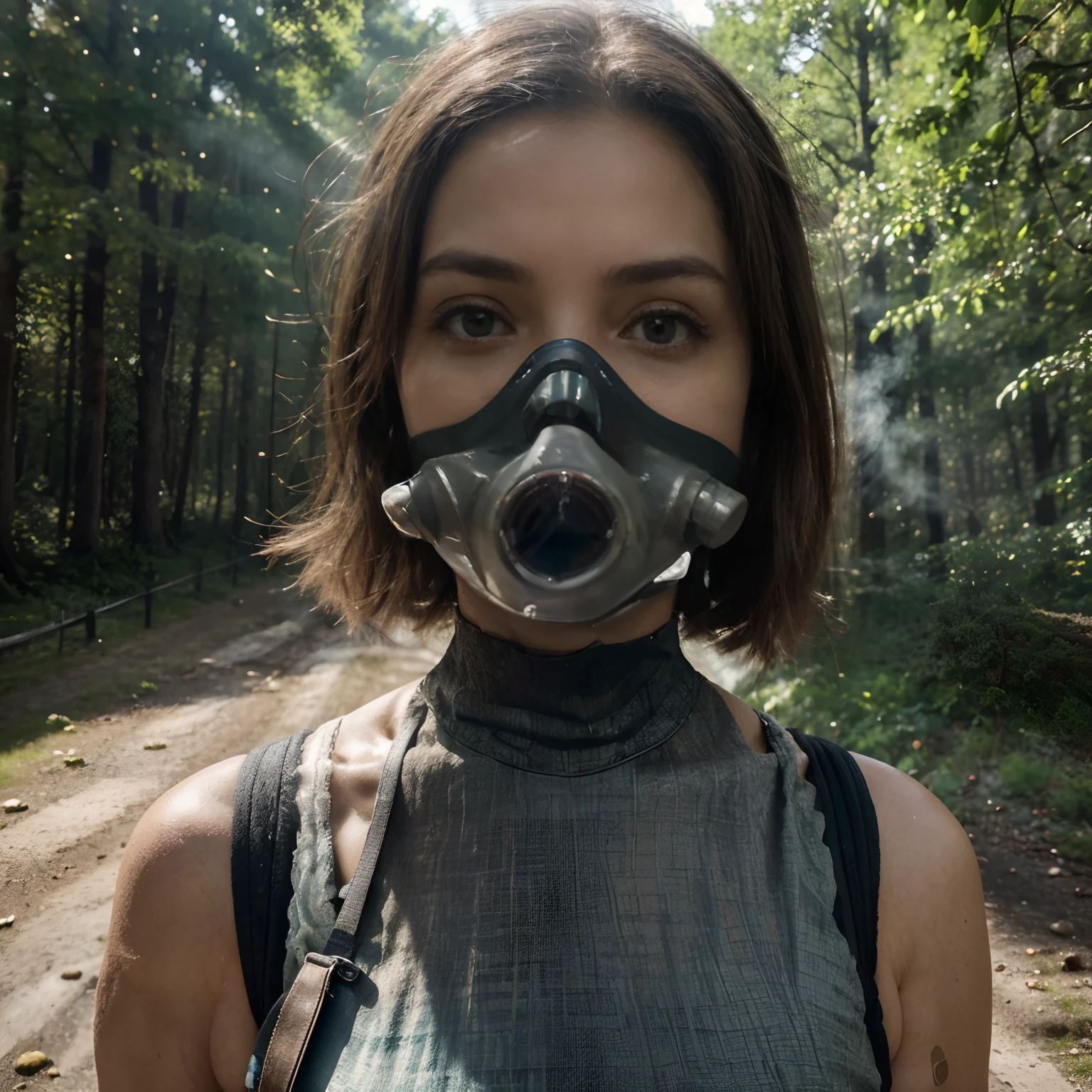 (beste-Qualit, high resolucion, ultra-detailed :1.2), 1 Mature Pretty, Safe Gas Mask Face, arme à la main, Outdoors forest,Smoke Mist, Low-Cut Dress , Illustrations, Couleurs vives, illumination intense, (Shameful dry bump session :1.2)