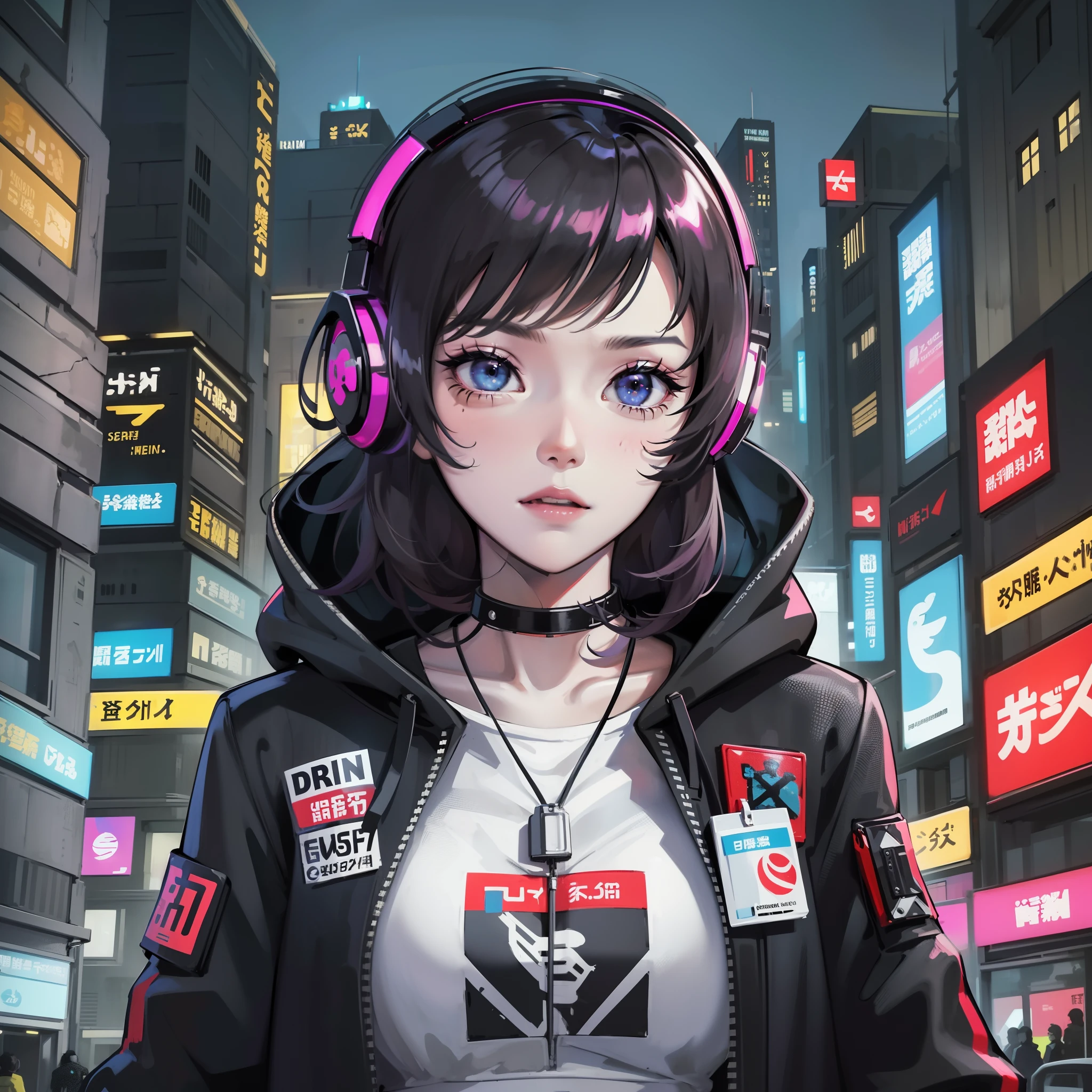 Arad woman in black and white jacket and headphones on city street, at a cyberpunk city, cyberpunk photo, hyper-realistic cyberpunk style, cyber punk style, cyberpunk beautiful girl, dreamy cyberpunk girl, Cyberpunk Anime Girl, cyberpunk anime girl in hoodie, female cyberpunk anime girl, cyberpunk art style, cyber punk style, in a Cyberpunk city, cyberpunk streetwear