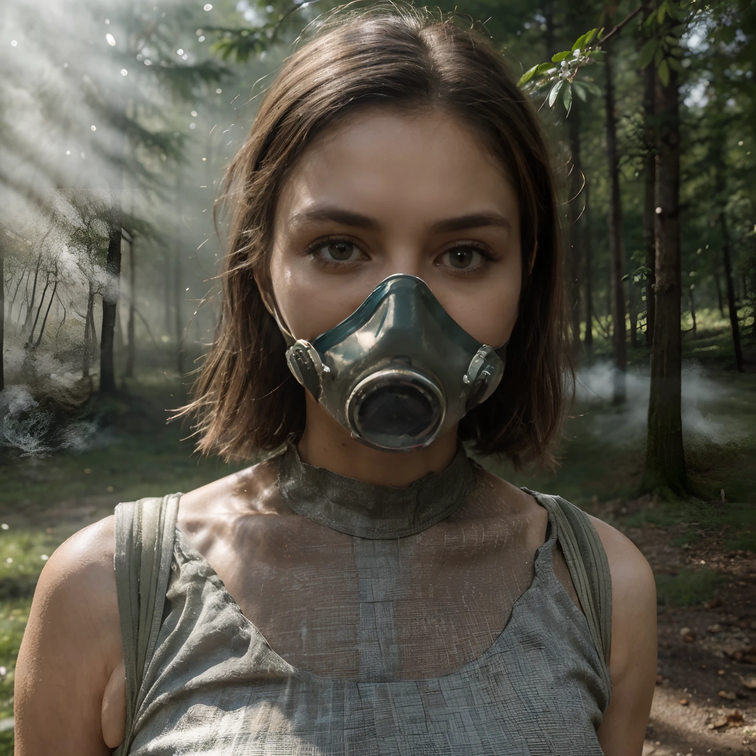 (beste-Qualit, high resolucion, ultra-detailed :1.2), 1 Mature Pretty, Safe Gas Mask Face, Outdoors forest ruines Urbex ,Smoke Mist, Low-Cut Dress , Illustrations, Couleurs vives, illumination intense, (Shameful dry bump session :1.2)