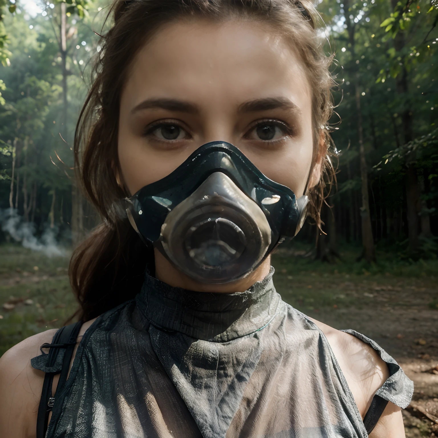 (beste-Qualit, high resolucion, ultra-detailed :1.2), 1 Mature Pretty, Safe Gas Mask Face, arme à la main, Outdoors forest,Smoke Mist, Low-Cut Dress , Illustrations, Couleurs vives, illumination intense, (Shameful dry bump session :1.2)