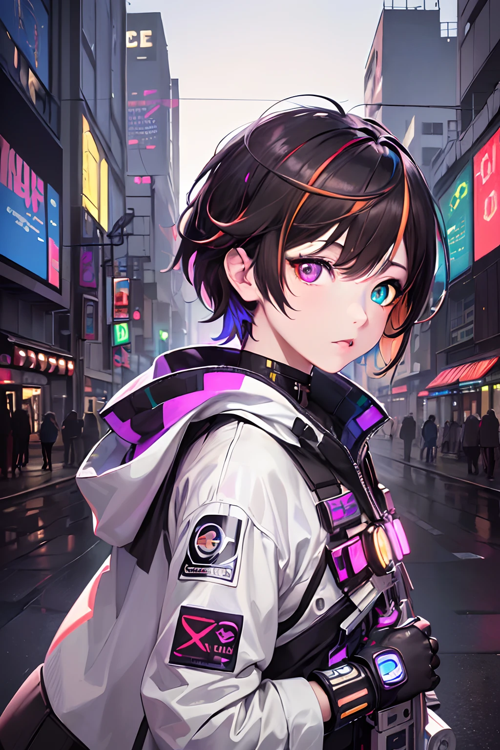 (The artwork:1.2), (masutepiece:1.3), (Best Quality:1.2), (best artist:1.2), (Indirect linear lighting:1.3), (The best Desinger:1.3), (wlop:1.1), (Highly detailed CG8k unit wallpaper), (1boy), short brown hair, (multicolored eyes+Heterochromia:1.5), Wearing clothes (Cyberpunk Electronics:1.2), (futuristic city backdrop:1.3), Emphasis on multicolored eyes with heterochromia.