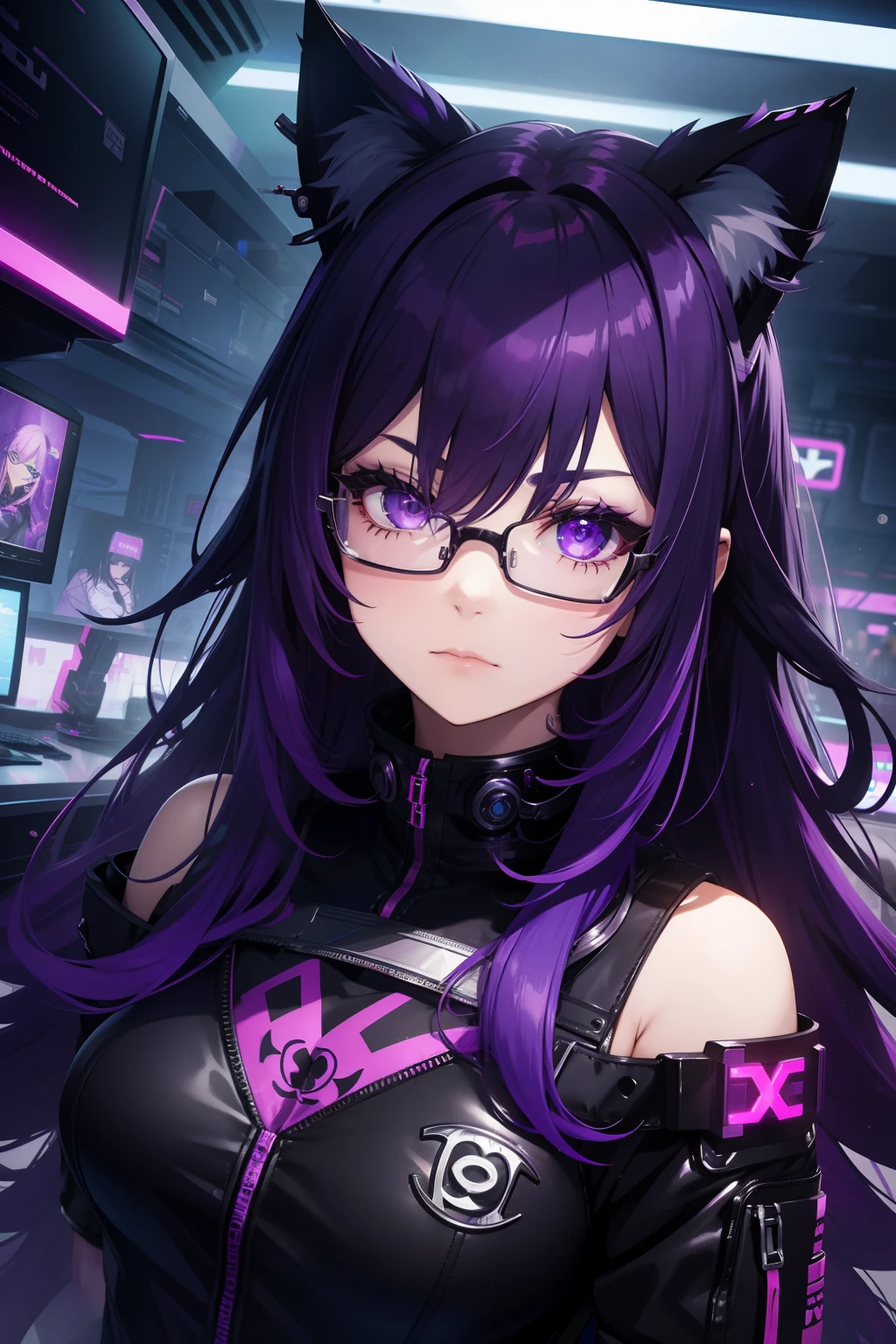 Cyberpunk Purple Girl Gamer, with glasseswith cat ears, shining purple eyes, Chanel's black medium-sized hair with purple tips