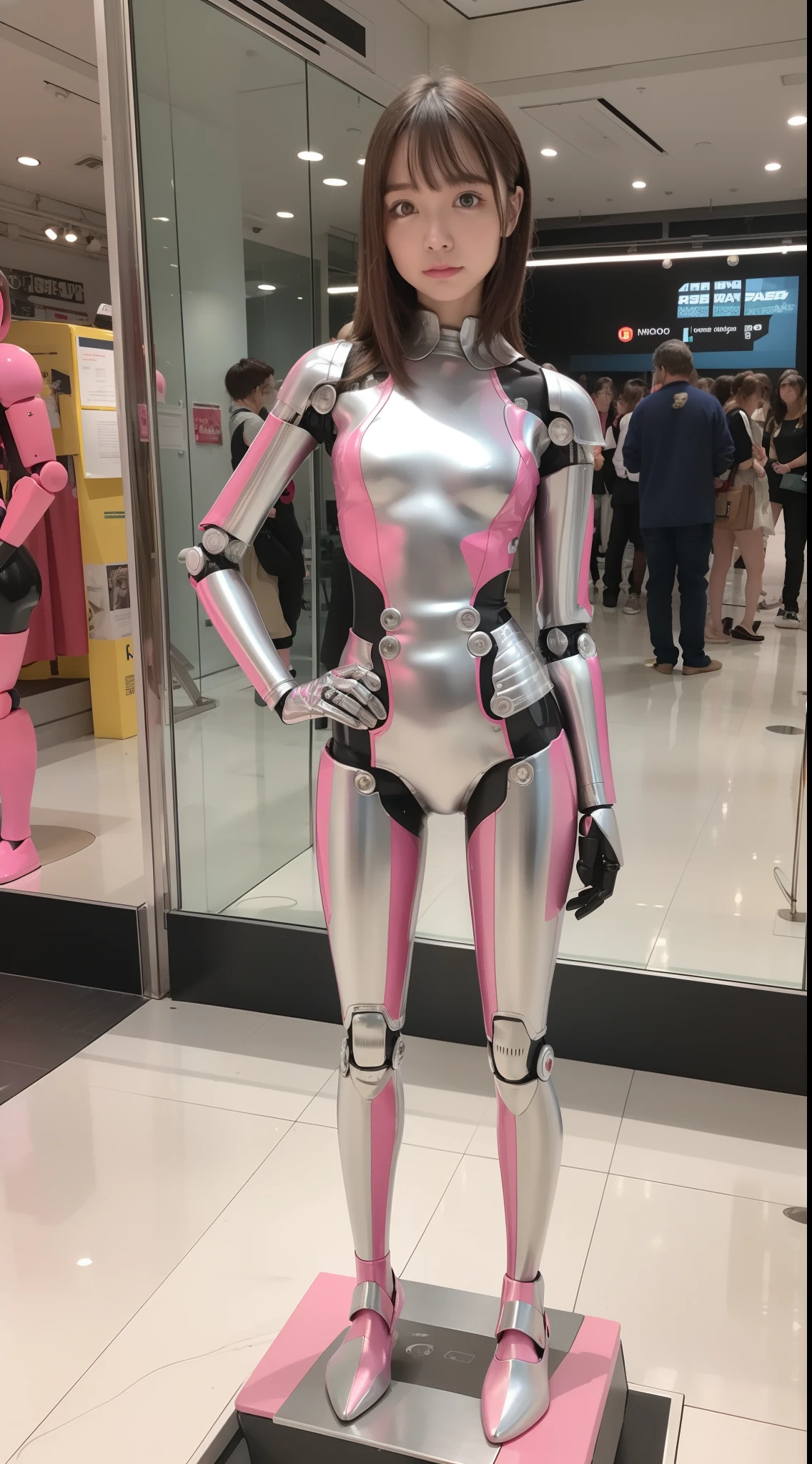 Robot Girl, pink there, Silver, Metallic body, Robot Parts, Metal Parts, Super Detailed Face, Super well-formed face, of the highest quality, a small face, a small head, Brown hair, Slender body, Camera gaze, Internal Mechanical Exposure, Idol, front facing, Well-proportioned body, sale, Exhibited, Event Hall, Moe Pose, pink metallic ta dress machine armor, Standing with legs open, Model body type, sad, Embarrassing,(Perfect Robot Girl),(Perfect machine body)