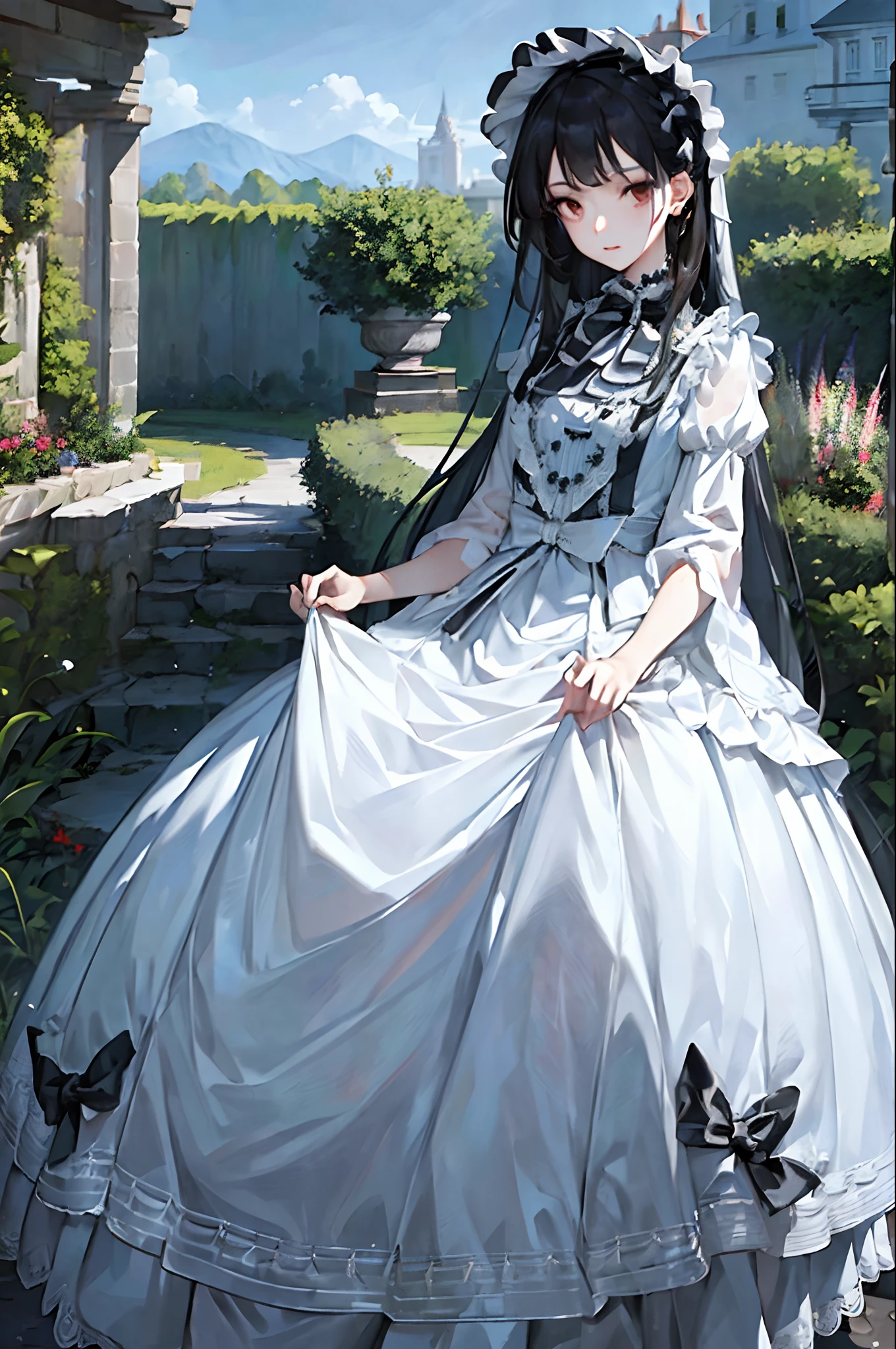 (masterpiece, top quality, best quality, official art, beautiful and aesthetic:1.2), 1girl, long black straight hair,  solo, standing in garden, looking at viewer, white lolita_dress,