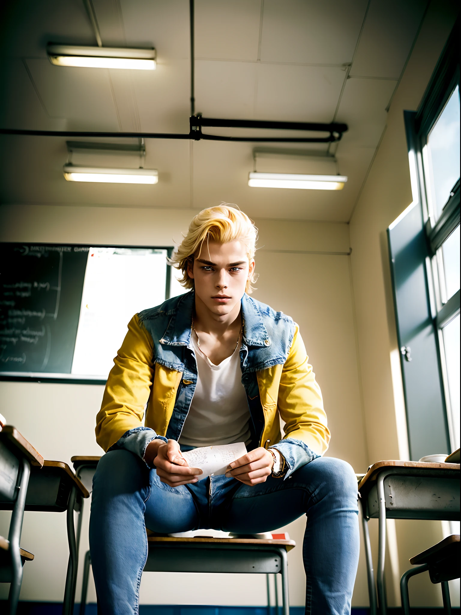 blond male student with pompadour, (((long blue jeans))), hIGH sCHOOL in the Fifties, blond student holds a love letter in his hands, ((yellow and blue college jacket with a M on it)), nostalgic colors, cool poses , (((in a classroom in the 50s))), saggy tits, amused face , high school, (nostalgic colors),(((legs spreaded)),(from below: 1.2), 18 years old, 1980s fantasy art, Katsuya terada, ( ( barclay shaw ) ), 80's fantasy art, barry windsor smith, milo manara style, inspired by Patrick Woodroffe, by masamune shirow, absurdres,, add_detail:1