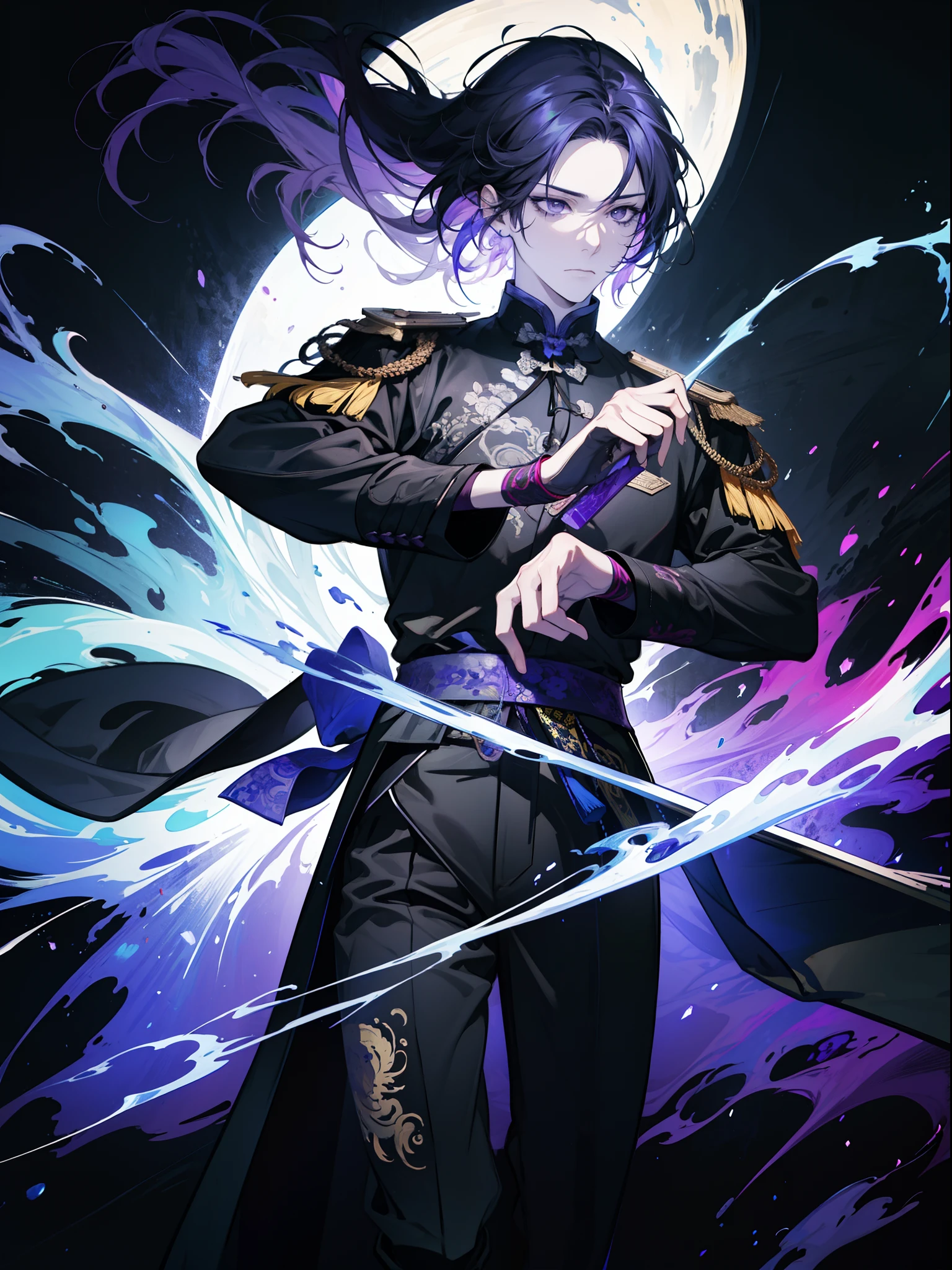 （mtu）, There is dark and purple hair, Hanfu，（（full bodyesbian）），Immortals，Ancient Chinese patterns，Hands up，There are tattoos on the legs，Fair skin, Blackn clothes, Yellow hair, Purple pupils,Colorful background， Handsome young man, Black smoke，Black smoke，The are very prominent, battle armor，Scenery in black flames , With an expression of anger and uncontrollability, Black fire in his hands, Masterpiece， 4 k comic wallpaper， Combat action， Realistic faces，Exquisite facial features， Realistic Wallpapers 4k， Anime wallpaper 4K， High quality realistic art style， Art wallpaper 8 K，The light from the back window is backlighted，Cinematic lighting effects， Art wallpaper 4 K， RGB lighting，Masterpiece, Best quality, High quality, Anatomically correct，High details, Super detail, 1080p, hyper HD,