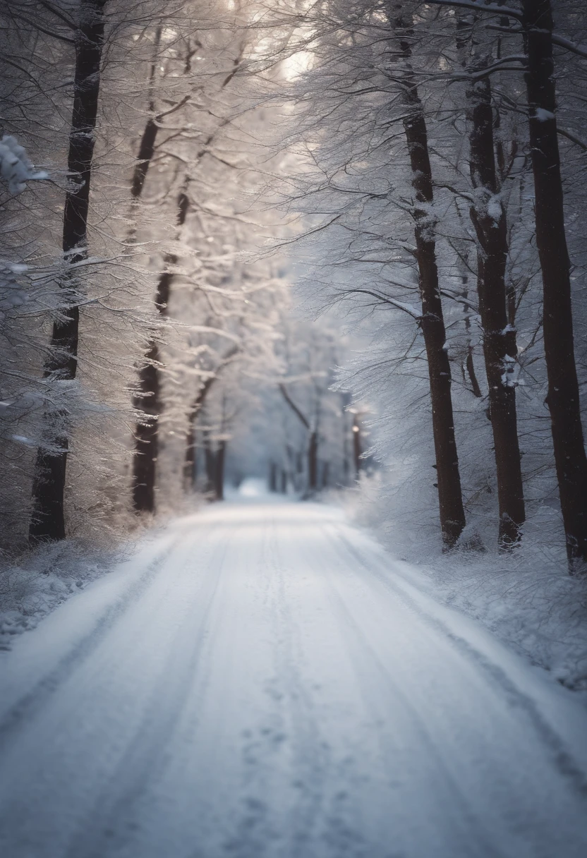 A snowy road in a winter wonderland, with snow-capped trees on either side, creating a serene and peaceful atmosphere