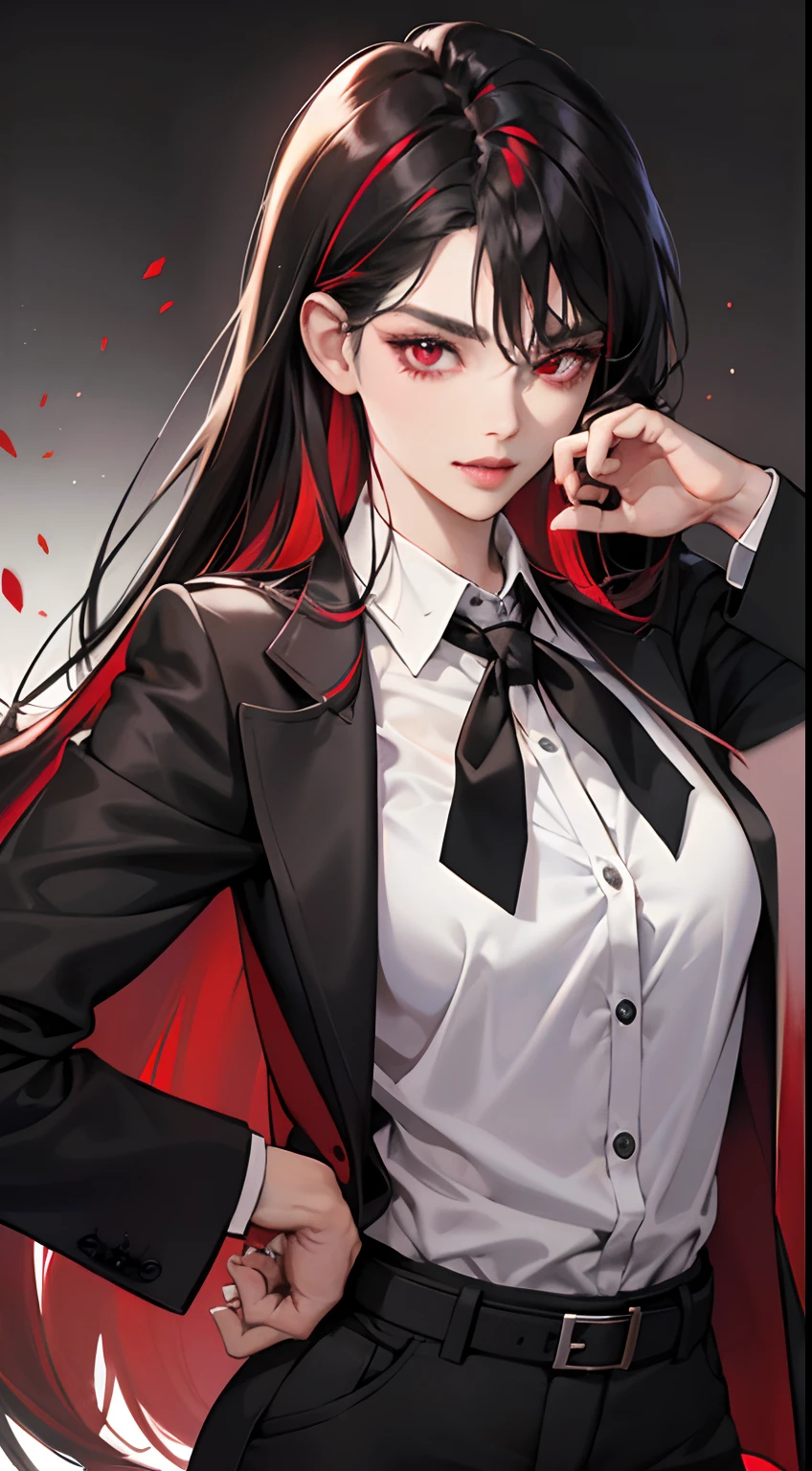 Real Tick、model poses、Cool woman with long straight hair with black hair and red highlights、sharp eye、sexy lip、ssmile、Beautiful red eyes、eye line、long lashes、Wearing a black business jacket with open buttons、White shirt and black tie、Studsbelt、I'm wearing tight black business pants、Red and black gradient background