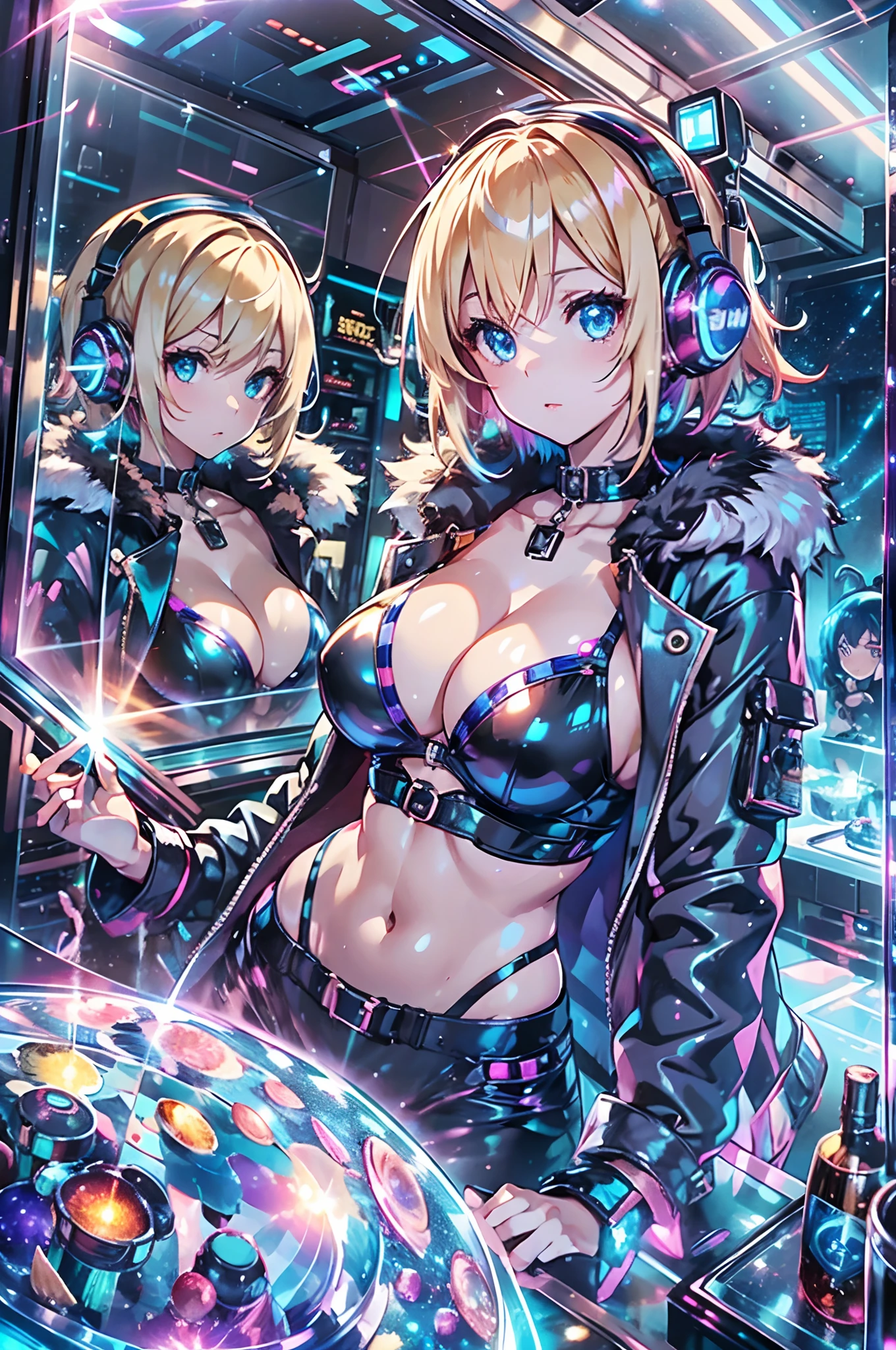 There is an image of an anime woman in a blue top and blue headphones, 1girl in, Solo, Her eyes glow blue, cleavage, Covered , Short hair, Lustrous blonde hair, Looking at Viewer,Glossy leather jacket、 Fur trim, Large breasts、The sheen、Reflectors、neons、cyberpunked、shine、shiny、Tecateca、shiny、searchlight、metalic、Oily skin、rainbow、Cocktail Beam、irradiation、intergalactic、night sky full of stars、mirror ball、Sparkling furniture、reflection、Luminescent、Laser beam、seashells、Cosmetics with glitter、Fluorescent color、blacklight、ultra violet