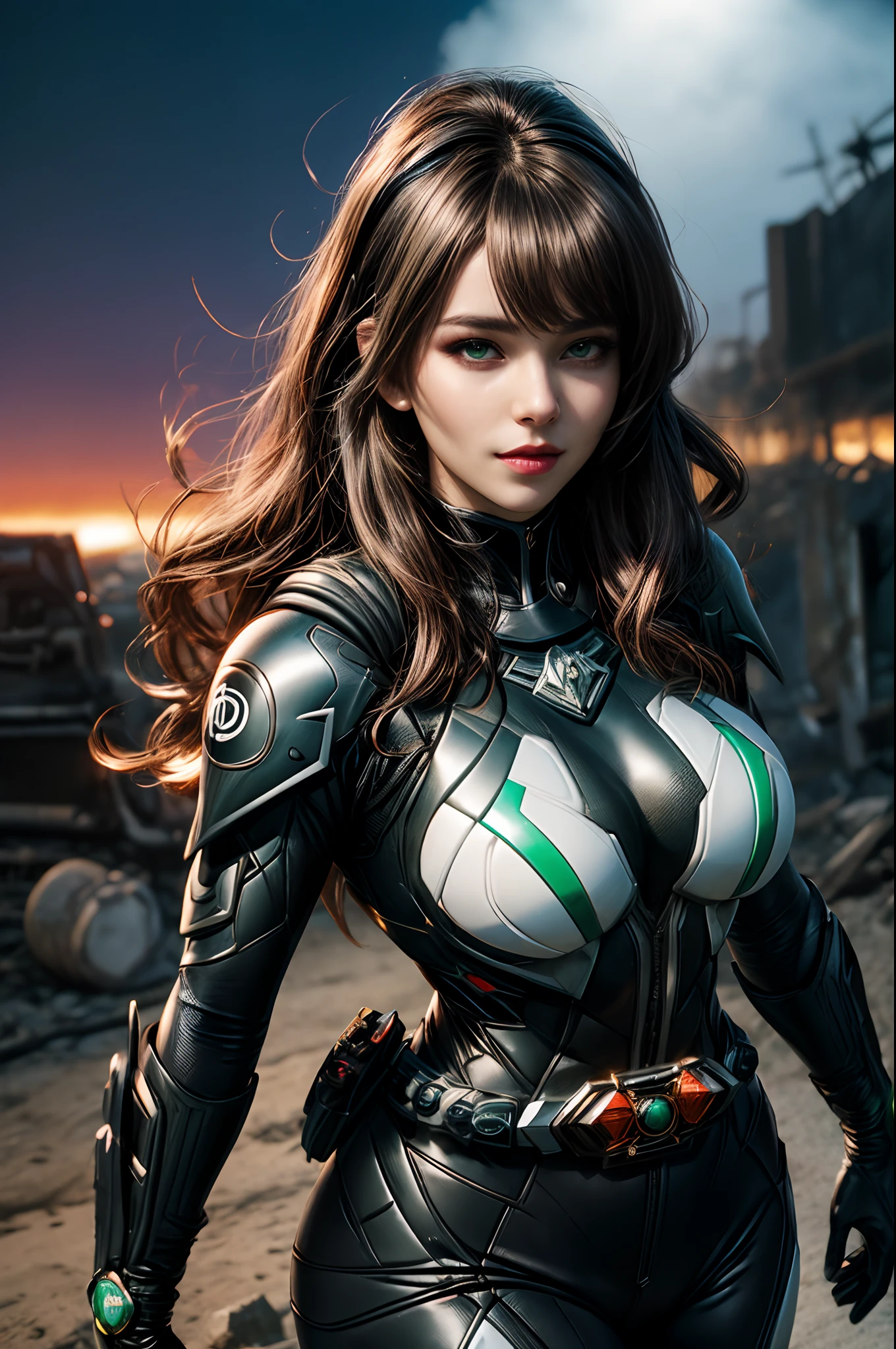 A woman wearing a Kamen Rider latex suit, traje todo branco com partes em rosa, usando o cinto de Kingstone com uma joia circular vermelha no centro. | The suit is too tight on the body. | Wearing Kamen Rider's helmet on his head, Your hair is green, cabelo curto, cabelo espetado, cabelo com franja pontuda na frente do olho direito. | It's looking directly at the computer. | plano de fundo: In a city completely destroyed at night, chovendo forte, com muitas estruturas de pedra, muitos escombros grandes, Lots of destroyed vehicles, Many large shipwrecks ((uma mulher: Strike a dynamic pose with interaction and lean on anything, estrutura, em algo)), Maximum sharpness, UHD, 16k, Estilo anime, best possible quality, Ultra Detalhado, best possible resolution, ((imagem de corpo inteiro)), Motor Unreal 5, Kamen Rider, Tokusatsu, Ultra-technological, perfect hand, Dedos, hand, perfeito, Melhor_Hands, mais detalhes,Reelmech