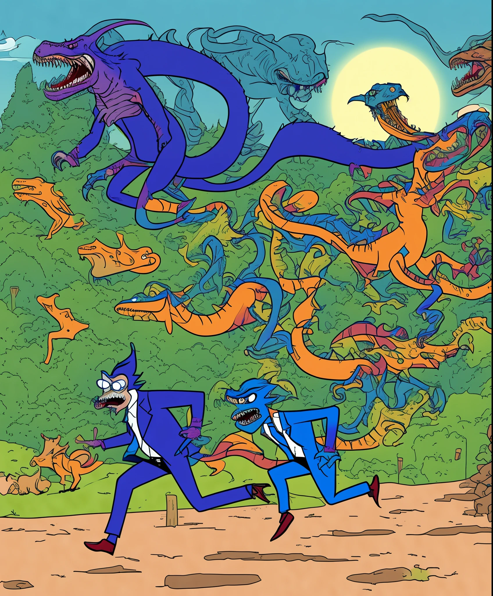 Nightcrawler from Kaiju Paradise riding on a T-Rex chasing after Rick from Rick and Morty as hes gracefully running away.