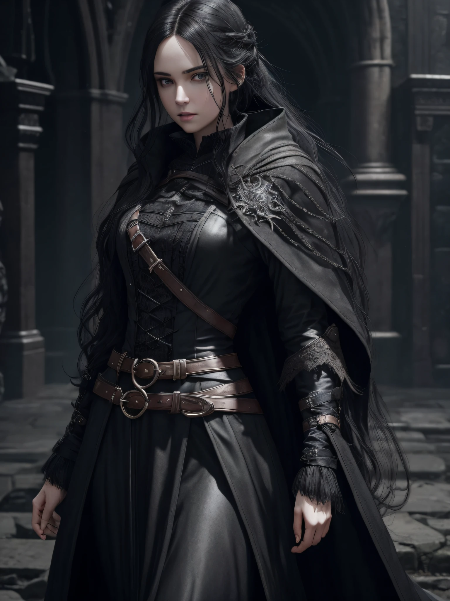 1 young women, long messy hair, her hair are black, serious, soulsborne, grey eyes, high res, high quality, 8k, wearing a black long coat, has a belt, she has a pale skin, dark fantastic