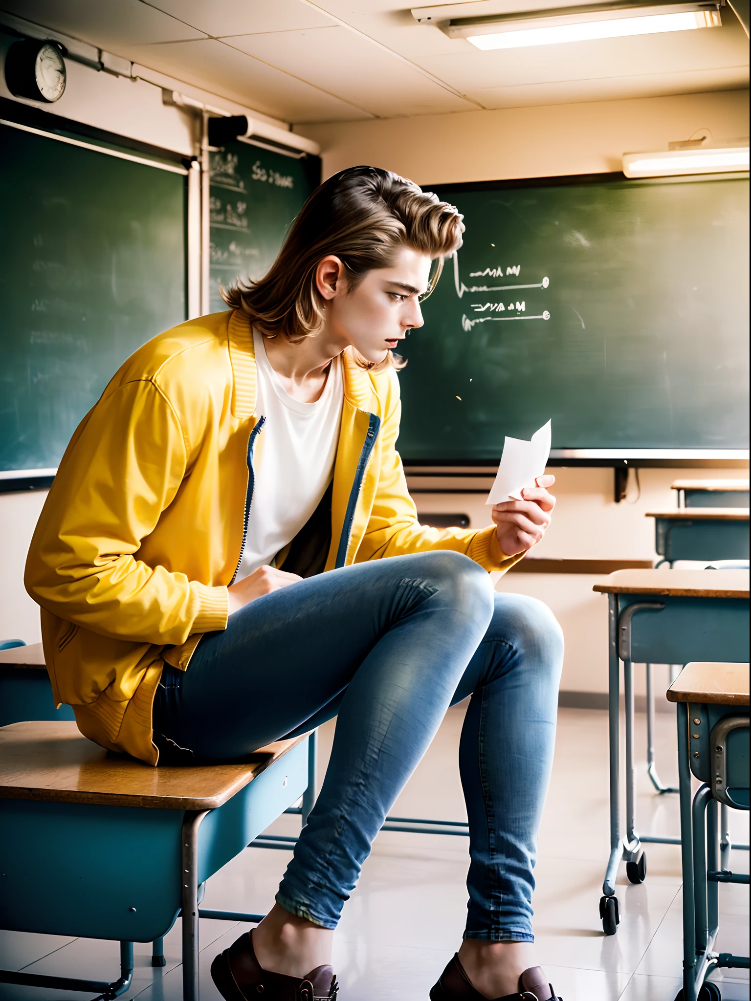 blond male student with pompadour, (((long blue jeans))), hIGH sCHOOL in the Fifties, blond student holds a love letter in his hands, ((yellow and blue college jacket with a M on it)), nostalgic colors, cool poses , (((in a classroom in the 50s))), saggy tits, amused face , high school, (nostalgic colors),(((legs spreaded)),(from below: 1.2), 18 years old, 1980s fantasy art, Katsuya terada, ( ( barclay shaw ) ), 80's fantasy art, barry windsor smith, milo manara style, inspired by Patrick Woodroffe, by masamune shirow, absurdres,, add_detail:1