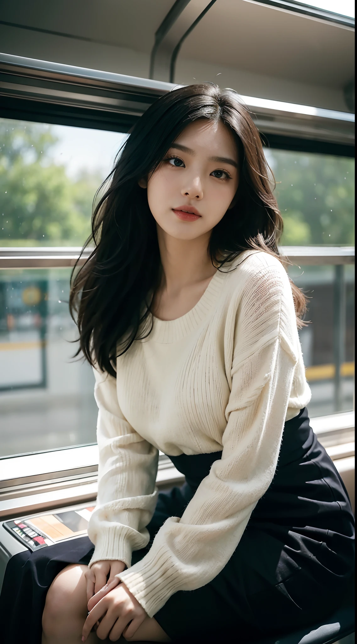 High-res, Realistic portrait of professional Chinese university campus lady with perfect skin,The breath of life should emphasize her sitting and lying postures,Beautiful woman sitting on the high-speed train,Looking out the window,Wear a long black dress,White suspenders,Pink sweater,Beautiful woman sitting in the seat,Holding a cell phone in his hand,The breeze blows through the hair of the beauty,Breeze in the wind,Medium-sized half-body,Long black hair,panoramicshooting,Looks confident and cute, Longing for freedom and beauty,Surrounded by passive cars and the atmosphere of the crowd, Vibrant and naturally lit highlights. The artwork should emphasize her elegant facial features, Including charming long eyes, Fluttering eyelashes and seductive lips, The scene should be enhanced with elements of professionalism and visual appeal,For example, crowd of,Train,Mainframe computers, High-resolution display, Highlight the temperament of beauty, The overall tone should be warm and professional, The sun shines on the whole body of the beauty,soft sun light,Has a soft and natural color palette. The artwork should exude a sense of professionalism, and cultural pride,