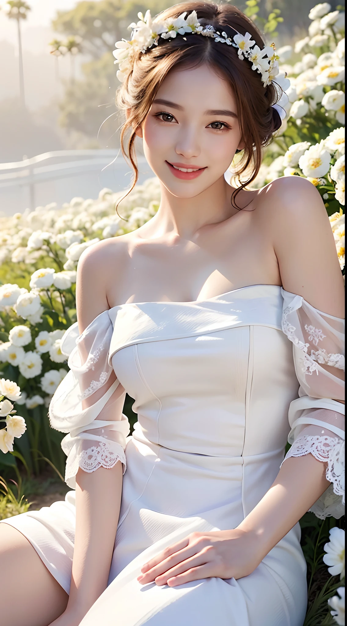 Best quality, masterpiece, ultra high res, (photorealistic:1.4), raw photo, 1girl, white dress, off shoulder, blossom flower field, glowing skin, light smile