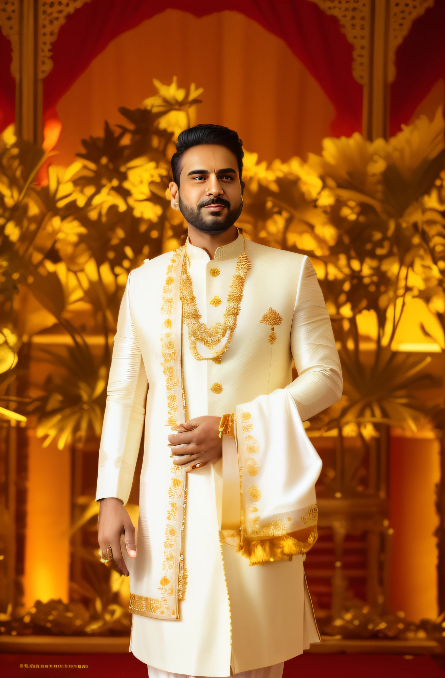 a man in a white sherwani and gold sherwani, dressed in a jodhpuri suit, wearing a kurta, groom, ornate attire, wearing traditional garb, wearing an elegant tribal outfit, wearing a silk kurta, wearing an ornate outfit, full body photogenic shot, inspired by Saurabh Jethani, a handsome, look at the details, wearing intricate