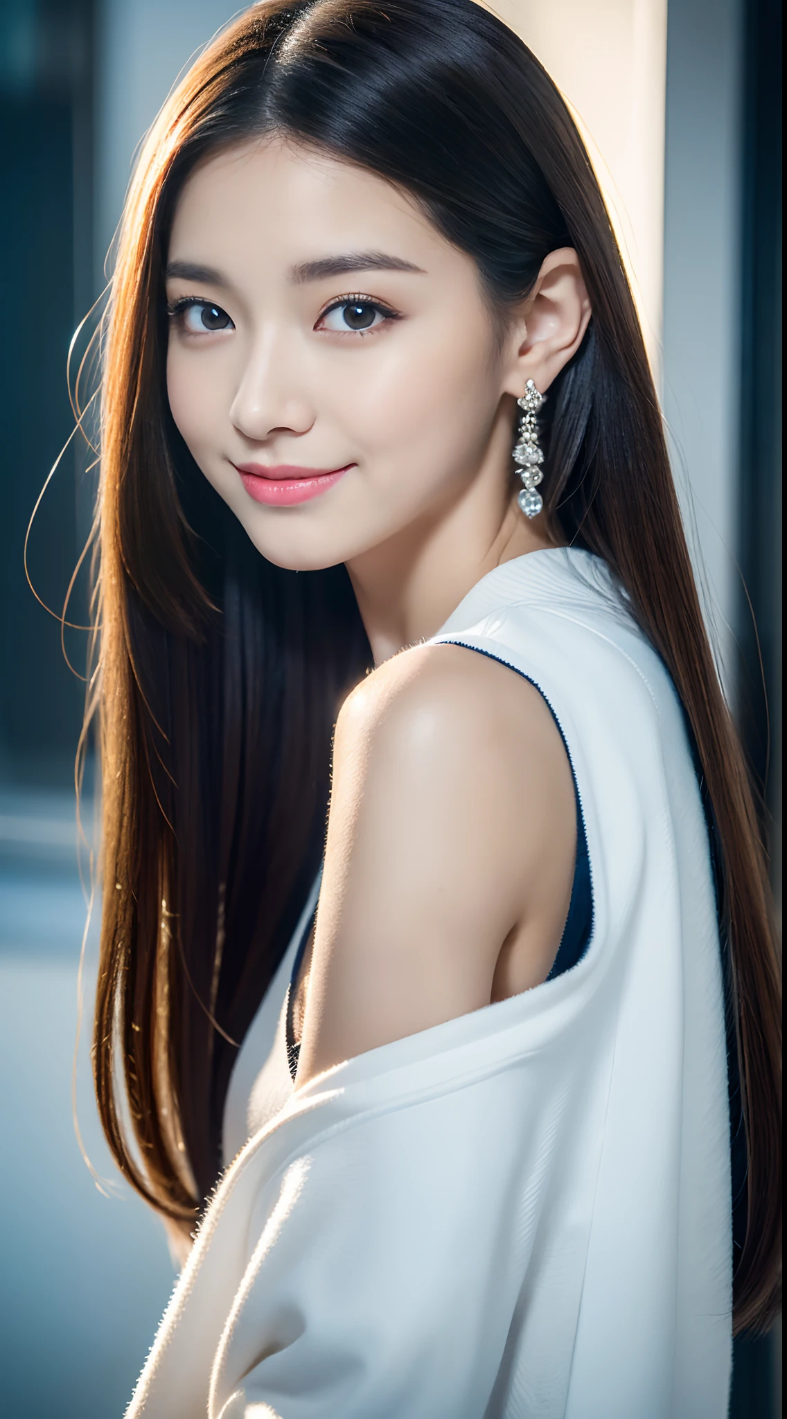 1 girl, เสื้อหรูหรา, white background, realistic, (Masterpiece), Highest quality, black hair, brown eyes, high definition, Idol, Lively, well-behaved, confident stare, Smile shyly, stand and sing,