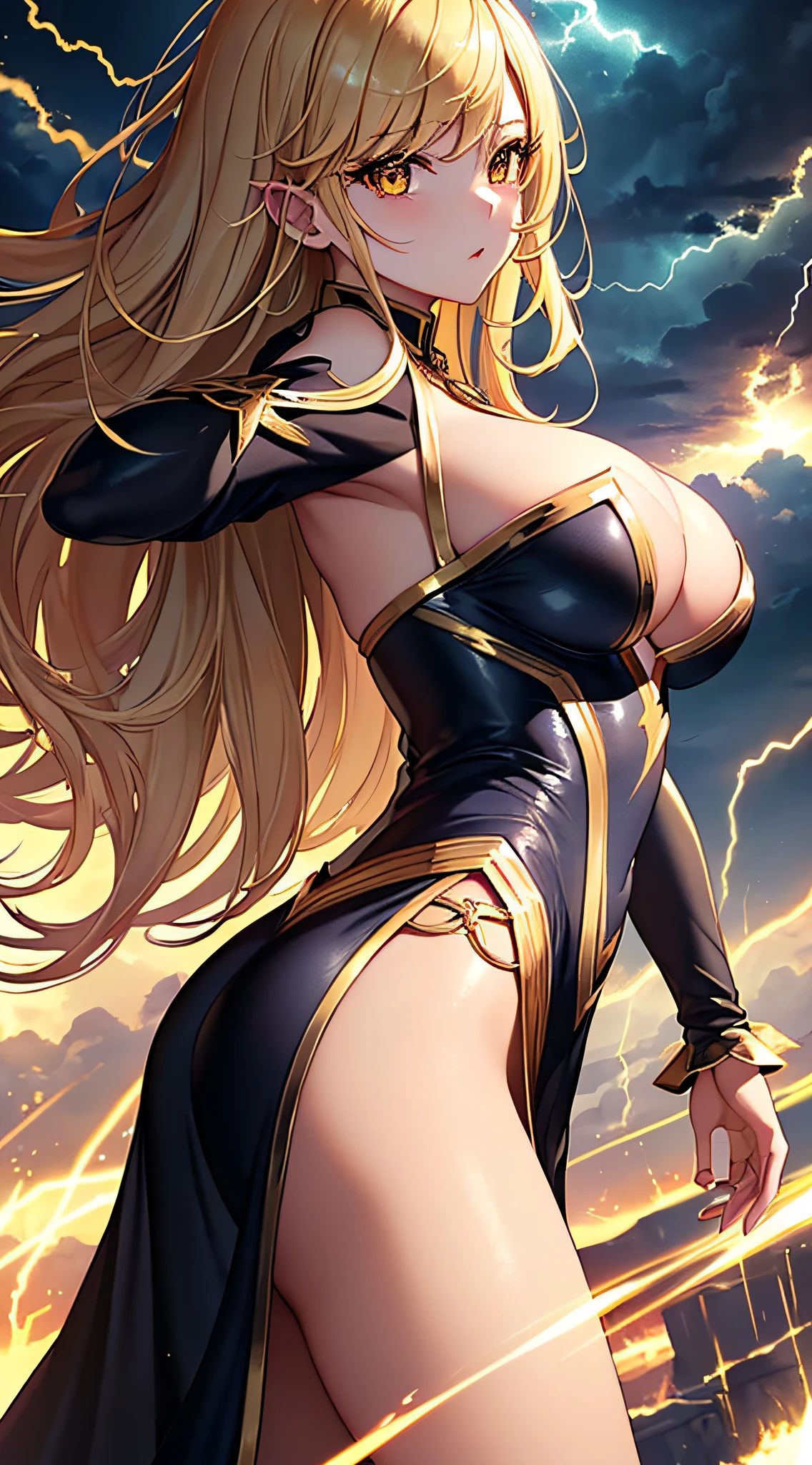 top-quality、Top image quality、​masterpiece、girl with((18year old、Best Bust、big bast、Bust 85,beautiful golden eyes、Breasts wide open,Blonde long hair、A slender、Large valleys、Black and gold dress、Goldcloak,Reflecting the whole body、Open your arms、Gold ring on wrist、Shoot lightning from your hands、posterior view、Turn around、emphasis on the buttocks)）hiquality、Beautiful Art、Background with((nigh sky、black clouds、lightning bolt、Intense thunder、Thunderbolt、Red thunder、Blue lightning strike、Gold Thunder)))masutepiece、visualart、depth of fields、sky at night