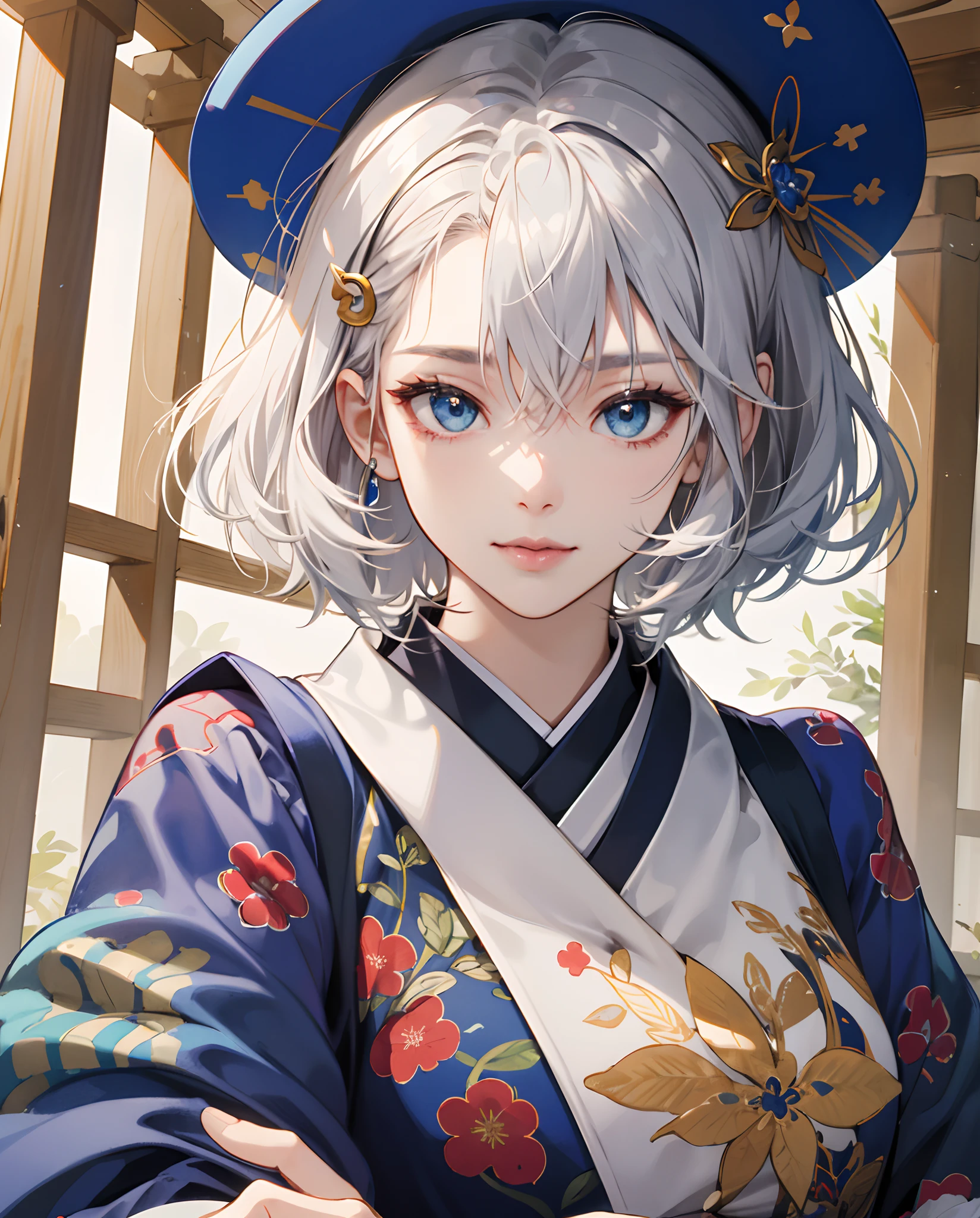 masterpiece、top-quality、超A high resolution、2D Beautiful Girl、animesque、teens girl、Silvery hair、short-haired、Suzuran's hair ornament、Beautiful ultramarine eyes、The clothes are also depicted in detail、Eyes are depicted in detail、The face is depicted in detail、shrine maiden、soio、Gentle smile、hair adornments、animesque、illustratio