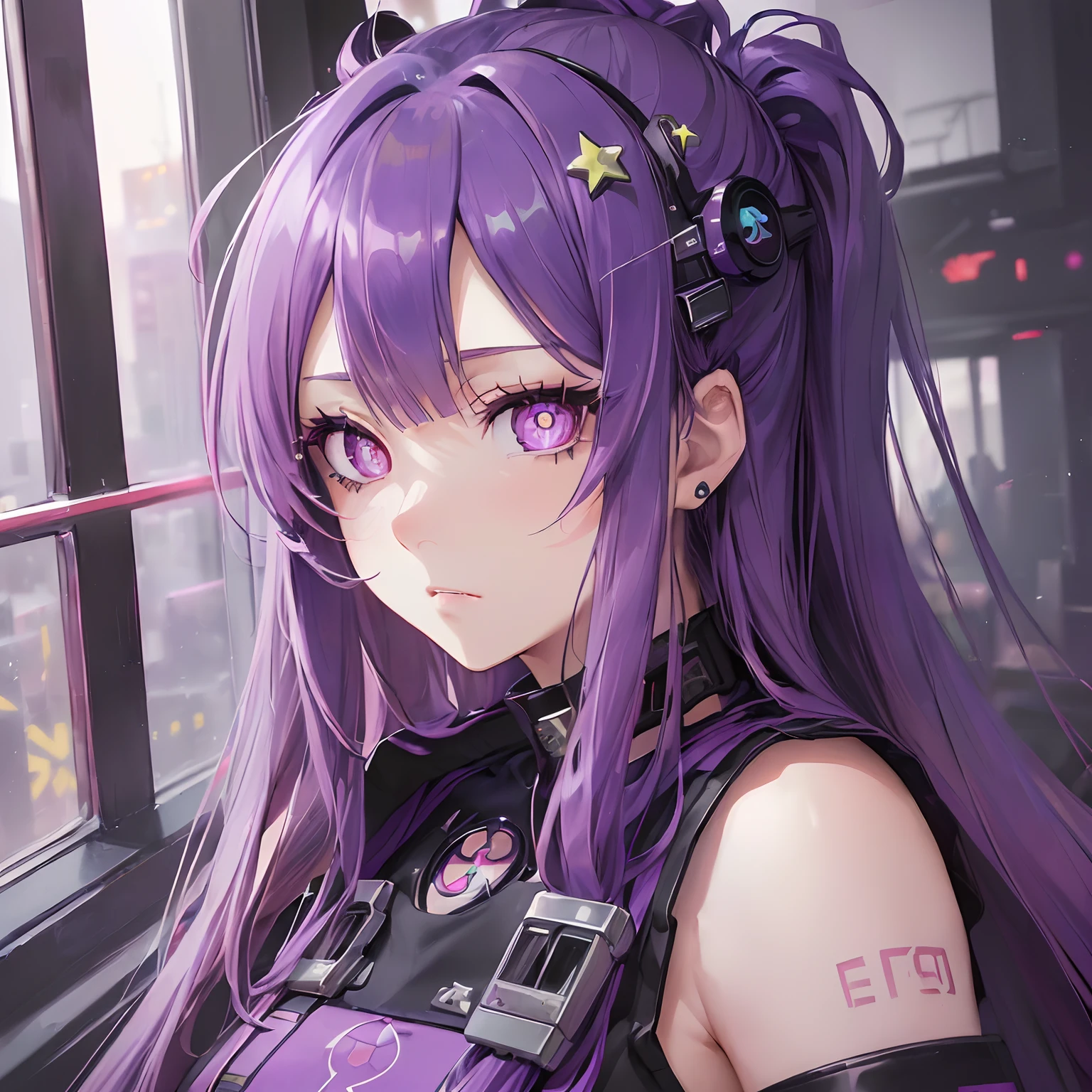 (masutepiece:1.4), (The artwork), (Best Quality), (Epic work), (Eye details:1.3), (Simple and soft natural light:1.1), (1girl in), (long purple hair+Bangs:1.2), (Wearing cyberpunk clothing:1.2), (star-shaped pupils, +_+, symbol-shaped pupils, Bright eyes:1.3), (Looking at the viewer:1.2) Art Scene Background(hyperdetails:1.2)