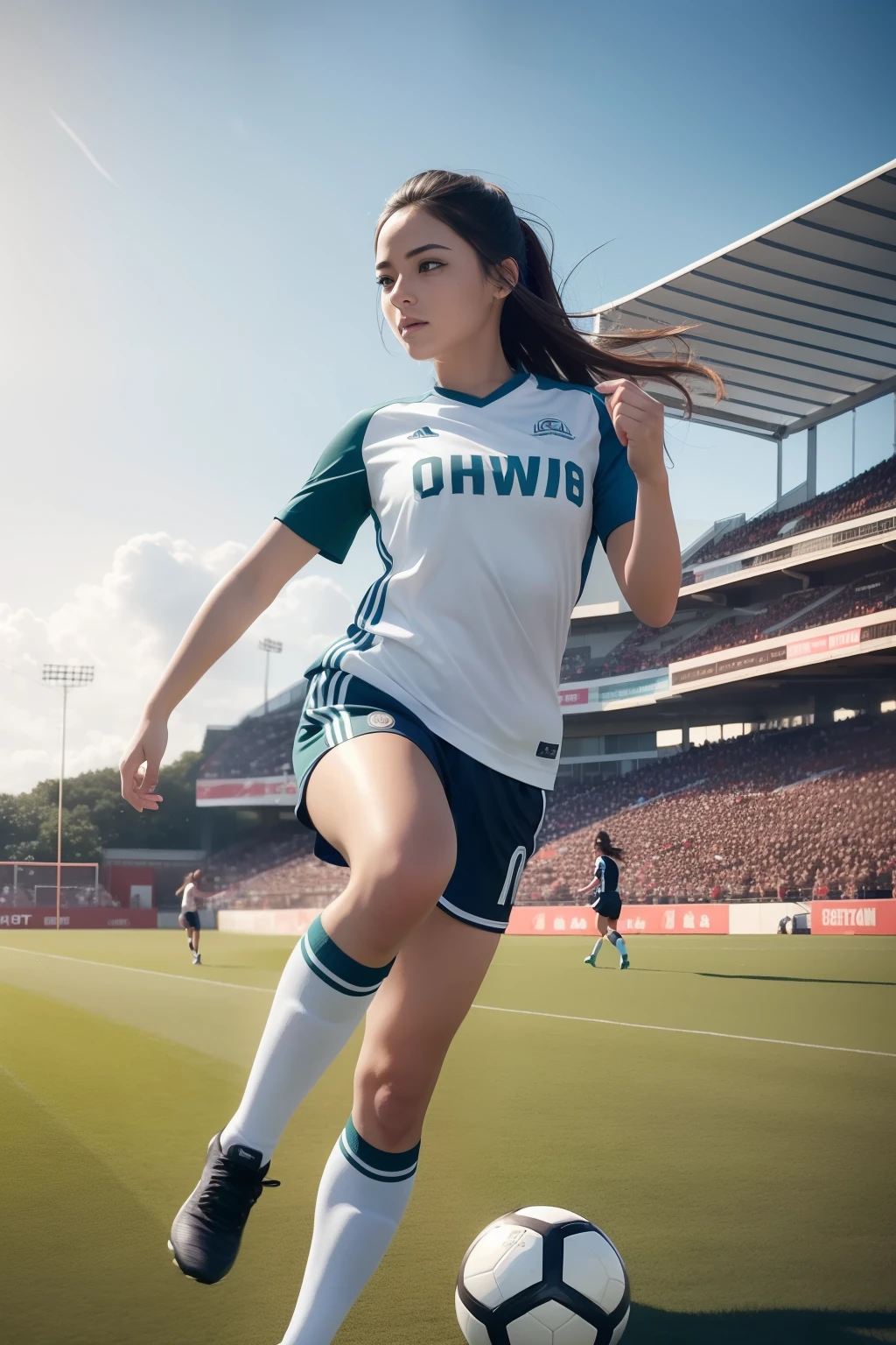 and kicking the ball with precision, showing off her soccer skills. She has beautiful, detailed eyes and lips, complemented by long eyelashes. The scene is set in a well-maintained soccer field with green, lush grass. The girl is wearing a neatly pressed uniform, showcasing professionalism and dedication. The colors are vivid and vibrant, emphasizing the energy and excitement of the game. The lighting is natural, with soft sunlight illuminating the scene. The image quality is of the highest standard, with ultra-detailed rendering, sharp focus, and realistic details. The overall art style is a mix of photography and concept art, capturing both the reality and imagination of the moment. The color tone is warm and dynamic, enhancing the lively atmosphere.