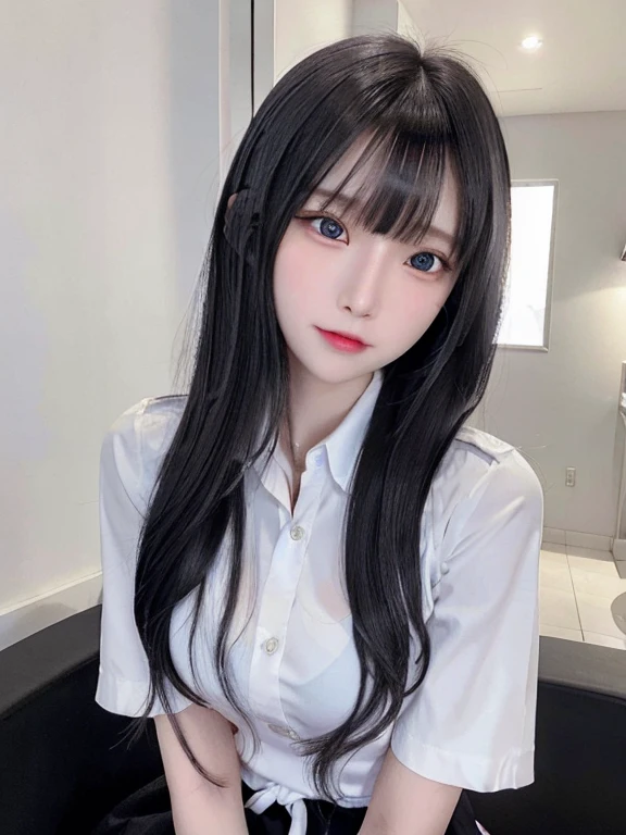 bright expression、photorealisim、top-quality、超A high resolution、a picture、Photos of the most beautiful Nordic girls、Detailed cute and beautiful face、a small face、(pureerosface_v1:0.008)、Beautiful bangs、alice in the wonderland、18year old、Glowing white shiny skin、Hair tangled in the face、Bangs that extend to the face、bangss、Hair between the eyes、length hair、Attractive black hair straight silky hair、finer hair、Attractive glowing beautiful bright clear light blue big eyes、School Uniforms、student clothes、eye liner、Double eyelids、ample breasts
