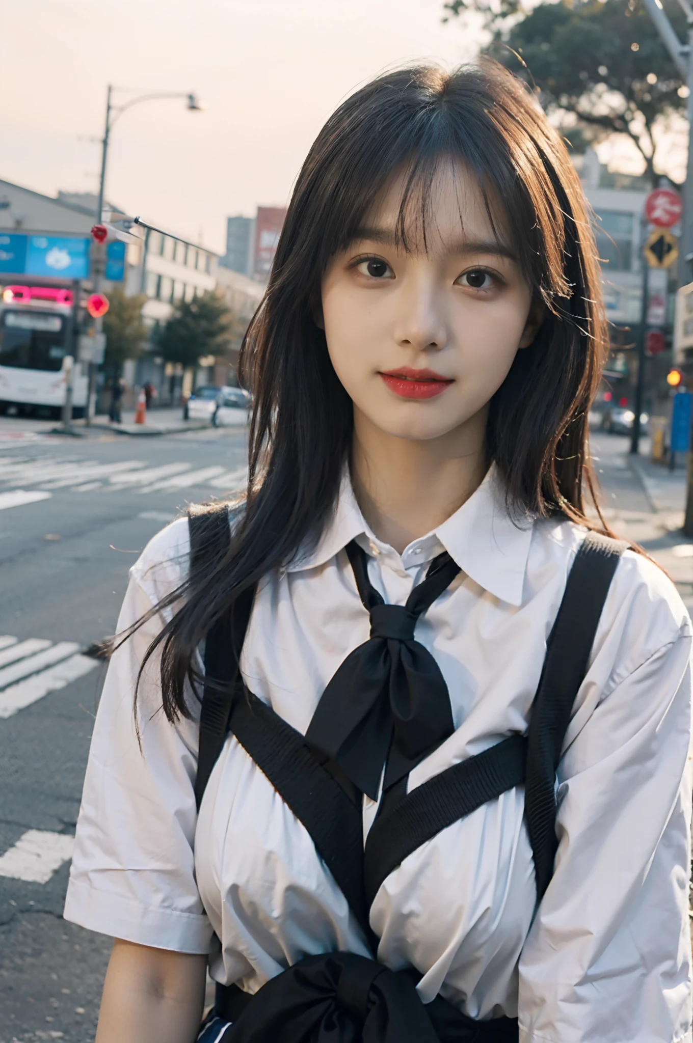 8k resolution), (RAW photo), (best quality), (masterpiece:1.5), (photorealistic:1.5), (photorealistic)), vibrant detail, ultra-realistic, (cute: 1.2)((school uniform)), (jk)))), road, intersection, big breast, close up