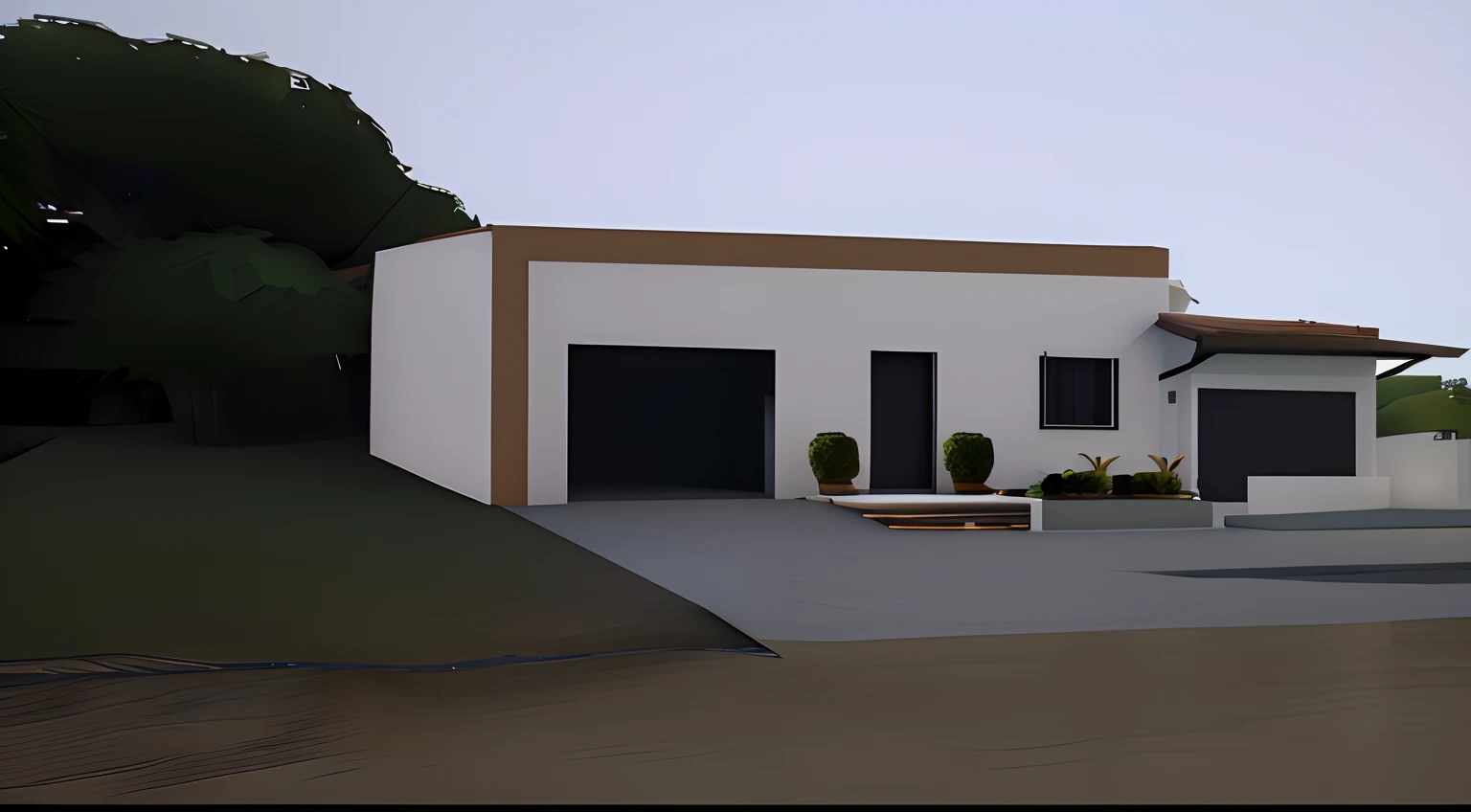 There is a small white house with a brown roof and an entrance, renderizar 3 d, 3D-rendering, finalrender, 3d final render, vue 3d render, 3D-rendering, em estilo de realismo simplificado, Lumion Pro rendering, cinematic quality, ((night ligthning)), 3d final render, 2 d render, 3D-rendering, 3D-rendering, finalrender, 3 - D render