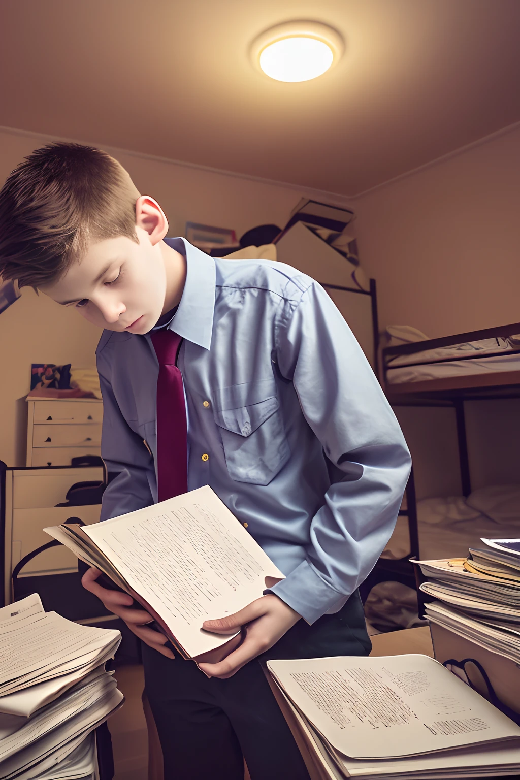 A boy desperately searching for his lost graduation thesis in his dormitory, intense anxiety, messy room, scattered papers, dim lighting, realistic rendering, high resolution (best quality, 4k, vivid colors), focused attention, determined expression