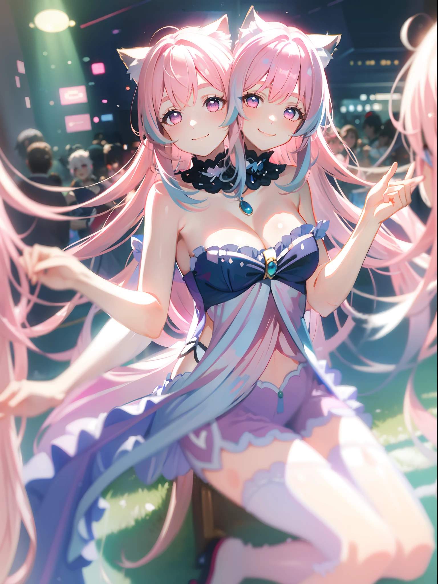 (masterpiece, best quality), best resolution, (2heads:1.5), 2girls, kokomi character, catgirl, pink hair, cat ears, pink eyes, smiling, giggling, friendly, inviting, pink and blue dress, blue short pants, nightclub, dance floor