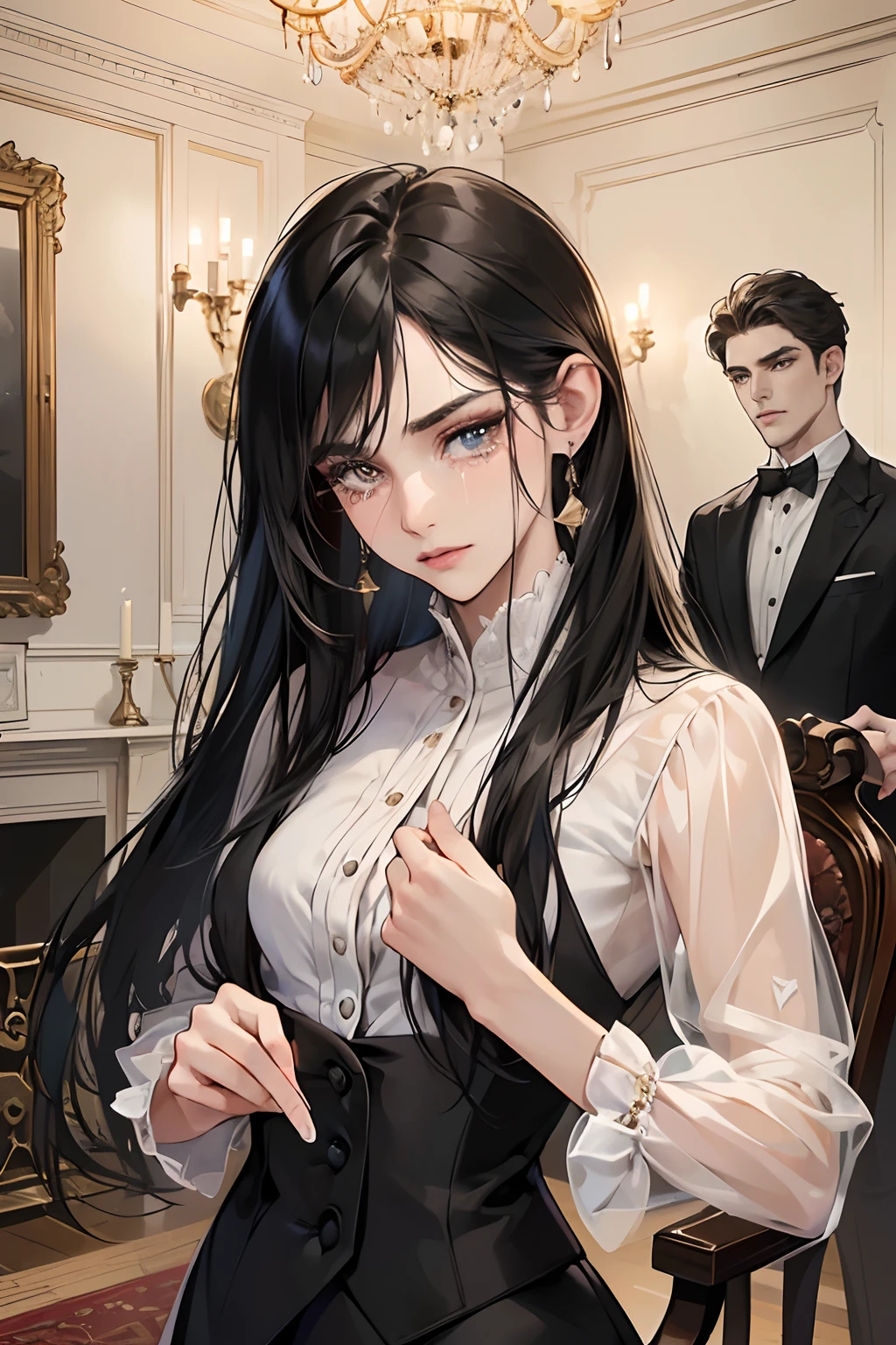 (masutepiece, Digital Art, Digital Illustration, 4K, 8K, Ultra-detailed, beautiful image, Sharp Image, Photorealistic, Raw photo, Perfect face, Perfect lines, Perfect eyes, Soft lighting) 1 woman, (Long Black Hair,straight haired,Bullish gaze,Beautie,ellegance,mannish,Wearing a suit,Solid makeup,23 y-o woman,small tits:1.3),Two handsome men in suits, (ember,Men in suits,well-muscled,Firm shoulder width,Adult male,Boyish hairstyle,English gentlemanly style,Man in his 30s with a cool expression,28-year-old man with bright smile:1.2),Antique furnishings,Antique Clamps,Antique chair,chandeliers,Crystal Glass,fantastical light,Marble fireplace,,(First failure,irritation,Crying face,vexation:1.2),At work,