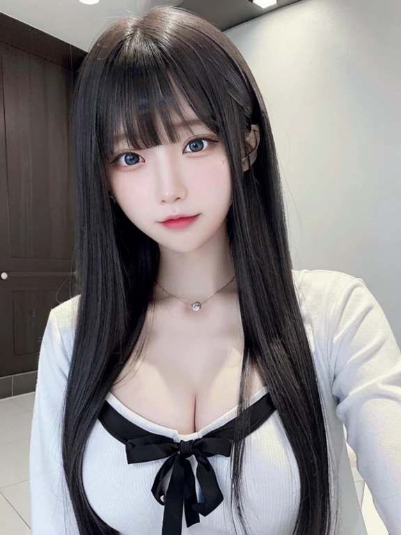bright expression、photorealisim、top-quality、超A high resolution、a picture、Photos of the most beautiful Nordic girls、Detailed cute and beautiful face、a small face、(pureerosface_v1:0.008)、Beautiful bangs、alice in the wonderland、18year old、Shot from the top of the thigh、Glowing white shiny skin、Hair tangled in the face、Bangs that extend to the face、bangss、Hair between the eyes、Super long hair、Attractive black color long straight silky hair、finer hair、Attractive sparkling beautiful bright clear light blue eyes、School Uniforms、student clothes、eye liner、Double eyelids、ample breasts、Dynamic Pose