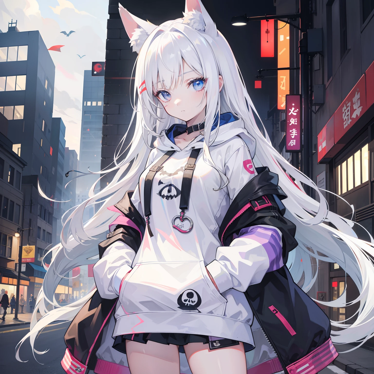 1girll, breasts in,stitched face, patchwork skin, Closed mouth, long_hair, expressionless face,city,Street, White hair, ,stitched_Face,Patchwork_skin,Cowboy Shot,( Hoodie),(hands on pockets),Open White Coat,Inside, She is wearing black short sleeves with a love motif,Cat's ears,Pirate Eye Patch