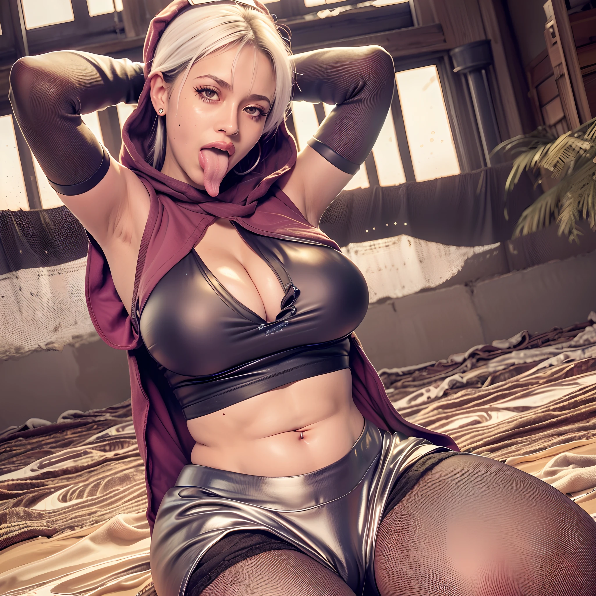 (masutepiece:1.2, Best Quality:1.2), 32K HDR, High resolution, Cowboy Shot, Solo, 1girl in, Mariah \(jojo\), Dark skin, dark skinned female, deadpan, Sitting, hoods:1.15, Yellow eyes, Skirt, pantyhose, Midriff, Jewelry, earrings, Sunglasses on the head), (ultra gigantic tits, ultra gigantic tits, SuperHuge boobs, ultra huge cleavage), abandoned houses, Indoors, (Tongue out:1.5, long tongue:1.5, squat down, Show me your sexy armpits:1.3, Exposed shaved armpits:1.3), Detailed face, Detailed eyes, Detailed skin texture,