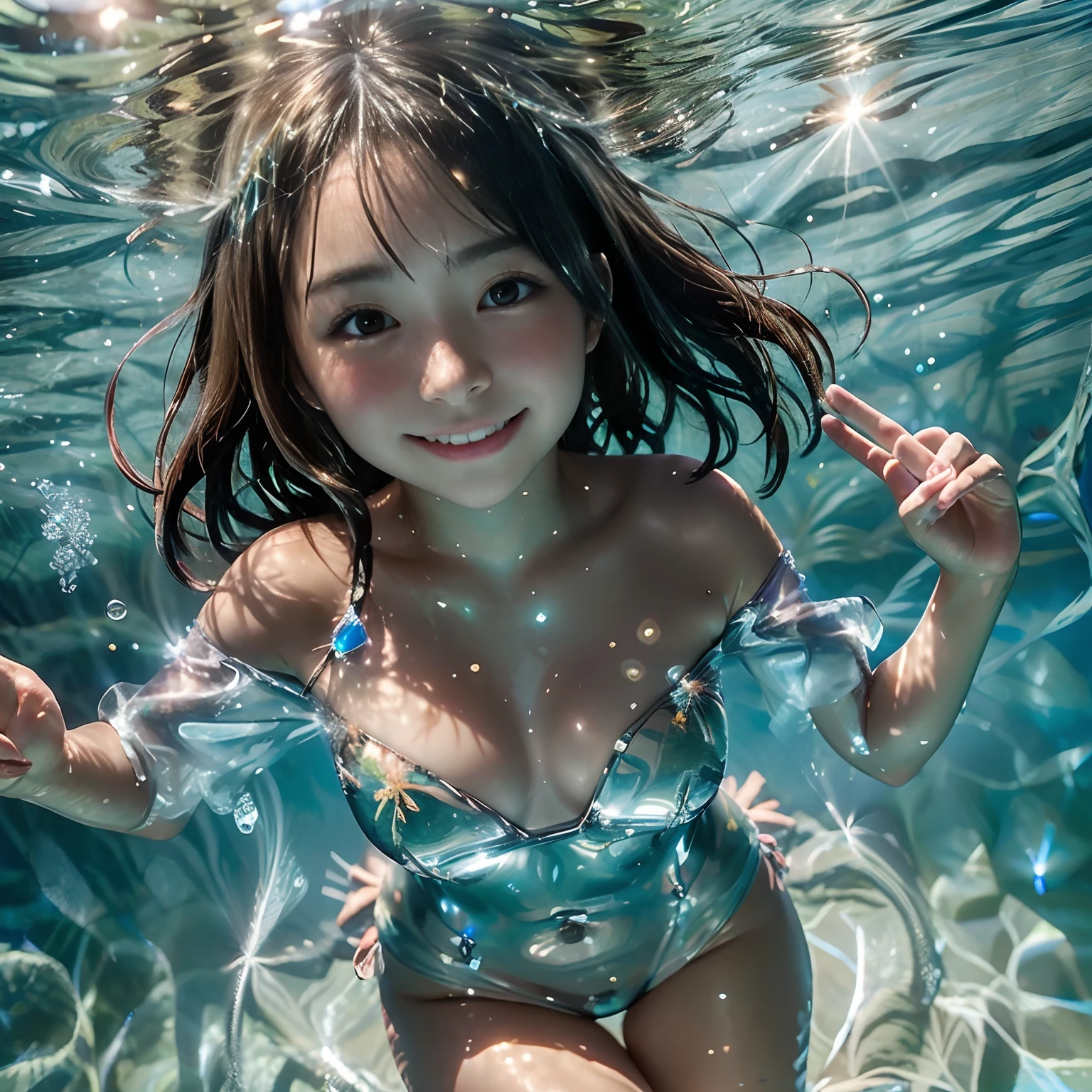  Girl、Smiling kindly、16 ye teenage girl、Jal at 16 years old、yellowion Swimwear、Competitive swimsuit、「It depicts the beautiful beauty of swimming in crystal clear water。She moved freely in the water.、Swim gracefully while feeling the power of the water。 Crystal clear water、sparkling sun、reflect。Less susceptible to gravity in water、Its movements are graceful and light。 The figure of beauty can float on the water。Her hair flowed wet、Background: Municipal swimming pool、Dance like a curtain of transparent water。Her expression was calm and、imitate「Below the surface of the water」It's as if they're enjoying their freedom。......