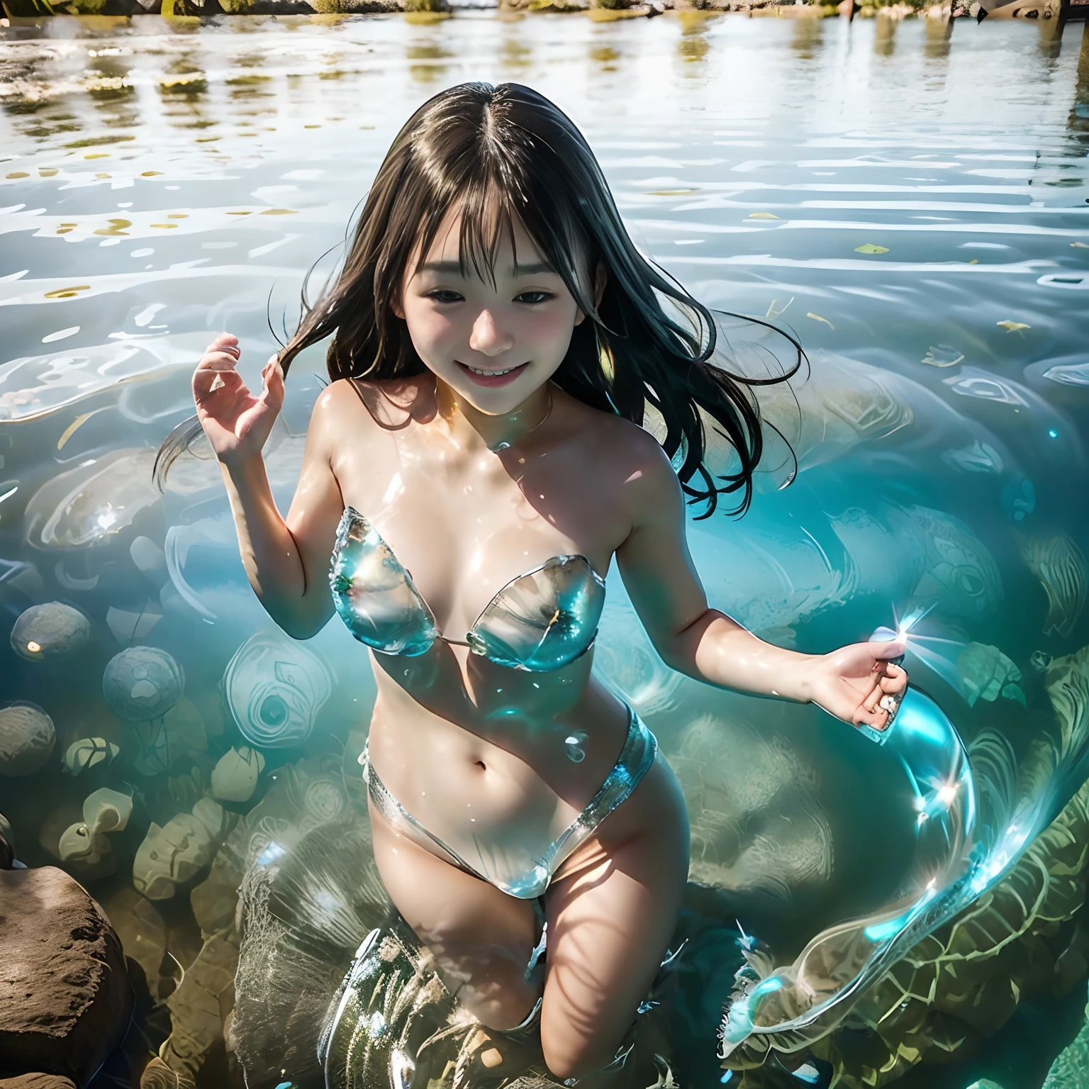 Teen Girl、Smiling kindly、16 year old cute teenage girl、Japan girl at 16 years old、yellow&Green Competition Swimwear、Competitive swimsuit、「It depicts the beautiful beauty of swimming in crystal clear water。She moved freely in the water.、Swim gracefully while feeling the power of the water。 Crystal clear water、sparkling sun、reflect。Less susceptible to gravity in water、Its movements are graceful and light。 The figure of beauty can float on the water。Her hair flowed wet、Background: Municipal swimming pool、Dance like a curtain of transparent water。Her expression was calm and、imitate「Below the surface of the water」It's as if they're enjoying their freedom。......