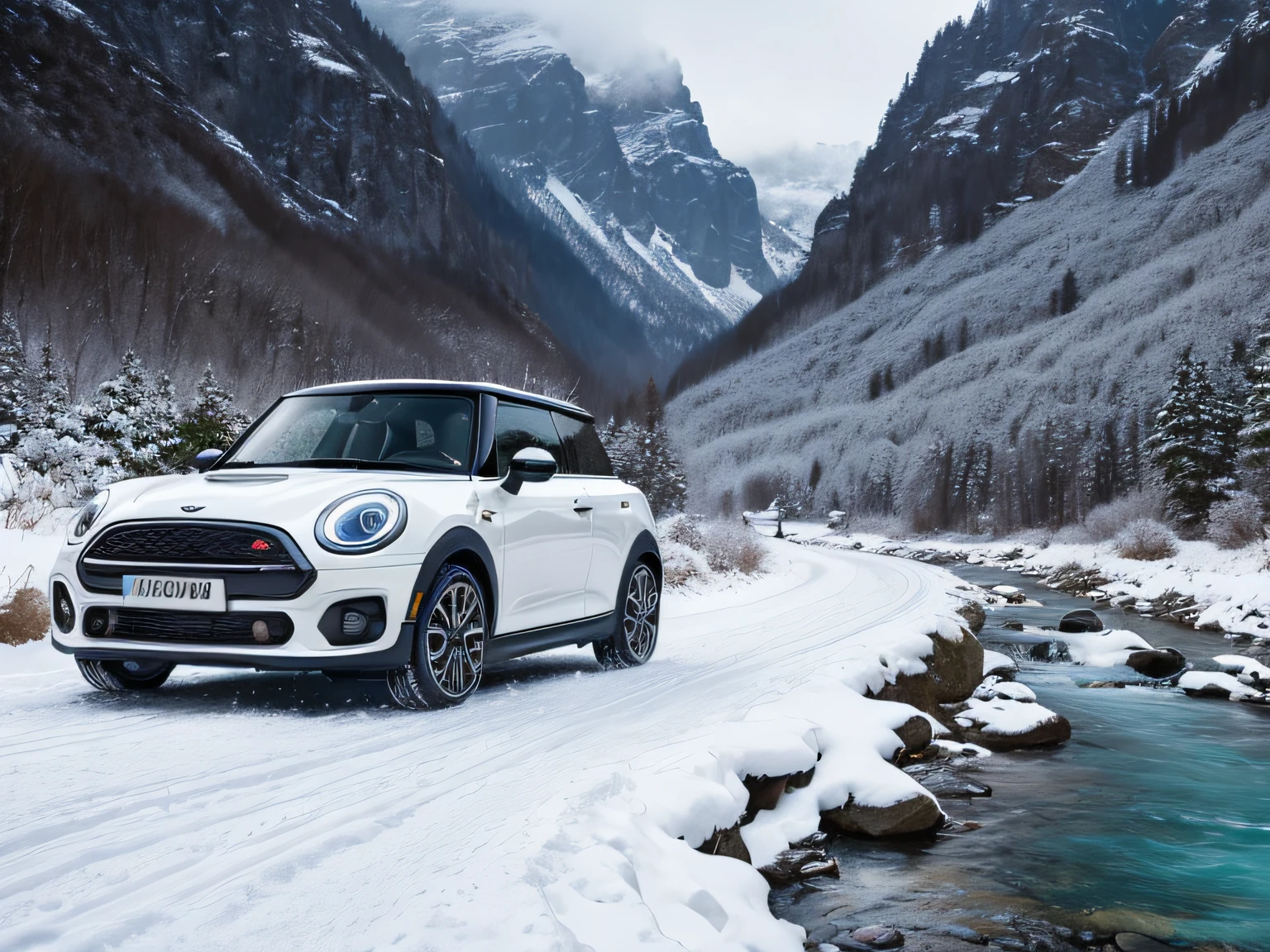 超A high resolution、An ultra-high picture quality、8K、Detailed details、marvelous expression、Midwinter Valley、One white Mini Cooper parked on the road along the mountain streamS、The falling snow is beautiful.、It is so cold that even mountain streams freeze、Mini cooperSGirl Standing Beside