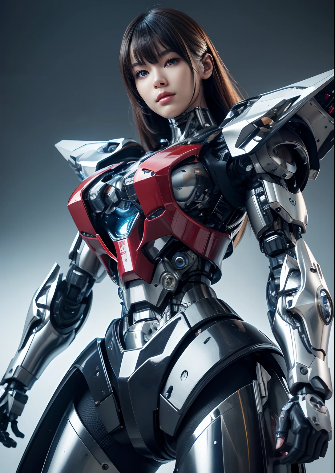 Textured skin, Super Detail, high details, High quality, Best Quality, hight resolution, 1080p, hard disk, Beautiful,(cyborgs),beautiful cyborg woman,Mecha Cyborg Girl,Battle Mode,Girl with a Mecha Body,She wears a battle cyborg mech with a weapon,Fulll body Shot
