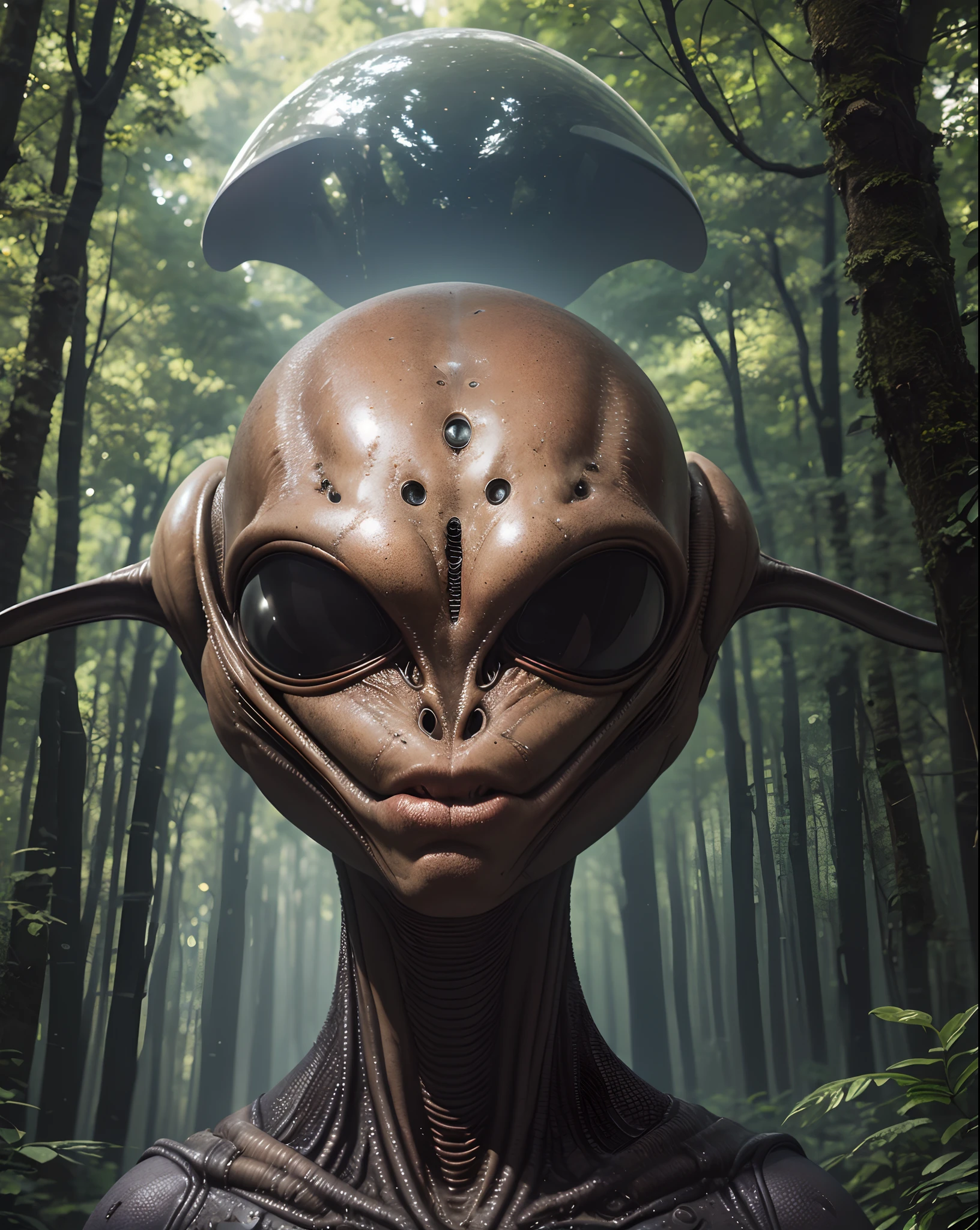 (An alien with a big head:1.4), Outdoors forest, (Best quality, 4K, high resolucion, Masterpiece:1.2), Ultra-detailed, Hdr, professionnel, Couleurs vives, Style science-fiction, Vibrating lighting