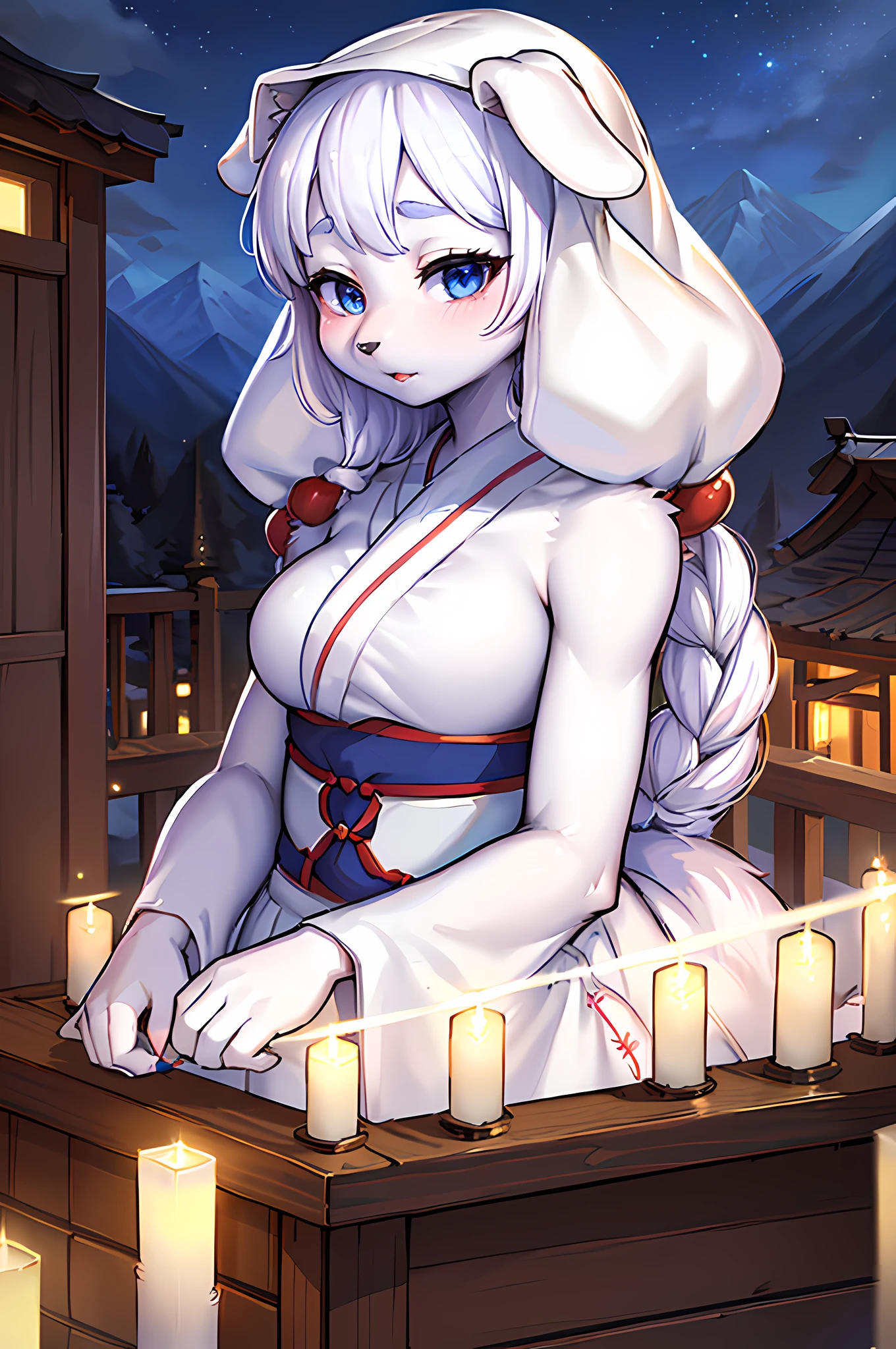 Furry,Dog girl,Best quality, Masterpiece, A high resolution,, 1girll, Detailed face, (Upper body:1.6), Cyber city, Mountains and rivers, Night, Firefly lights, Realistic, Rich in detail, (White Hanfu:1.2), (Beautiful body:1.4),