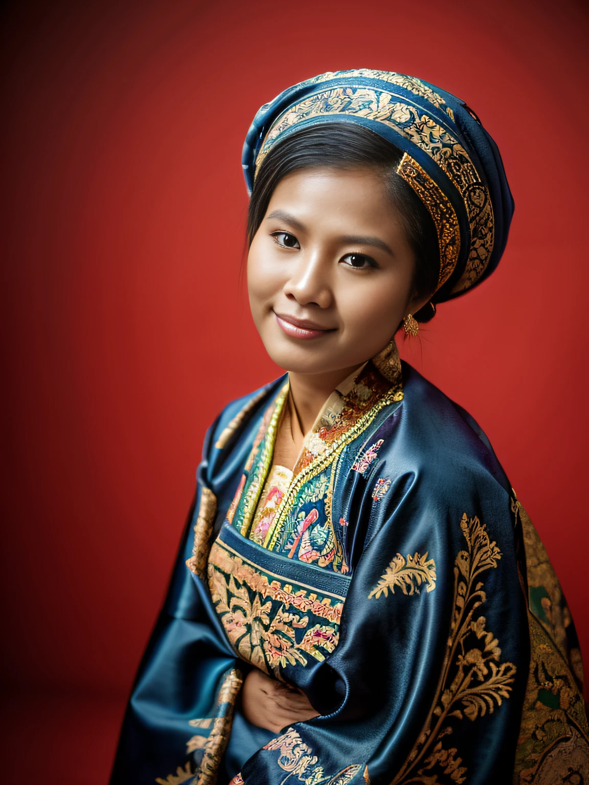 Highly realistic photo, Portrait photo of a 30-year-old Vietnamese woman, (Vietnamese Hmong national costume, brocade head scarf),(high bun hair),((dark blue background)), photo taken in 1975 by kodak.